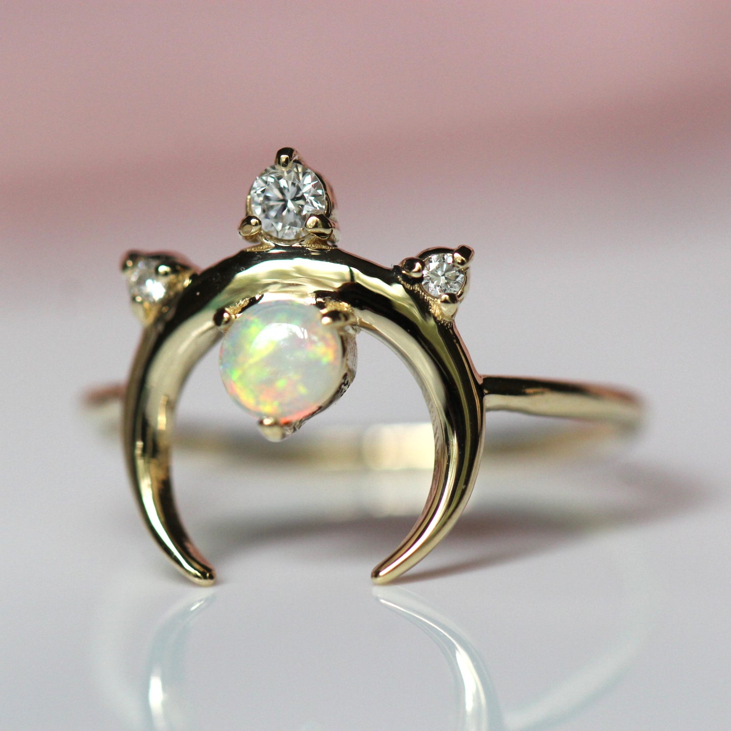 Crescent Moon Opal Diamond Cluster Ring