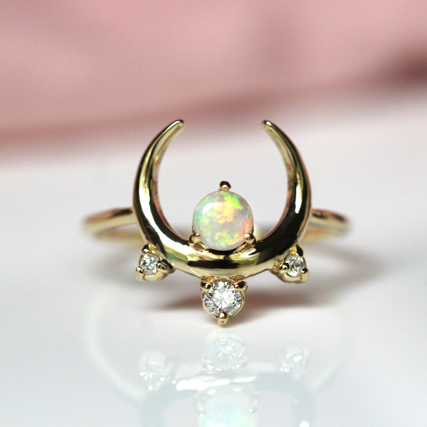 Crescent Moon Opal Diamond Cluster Ring
