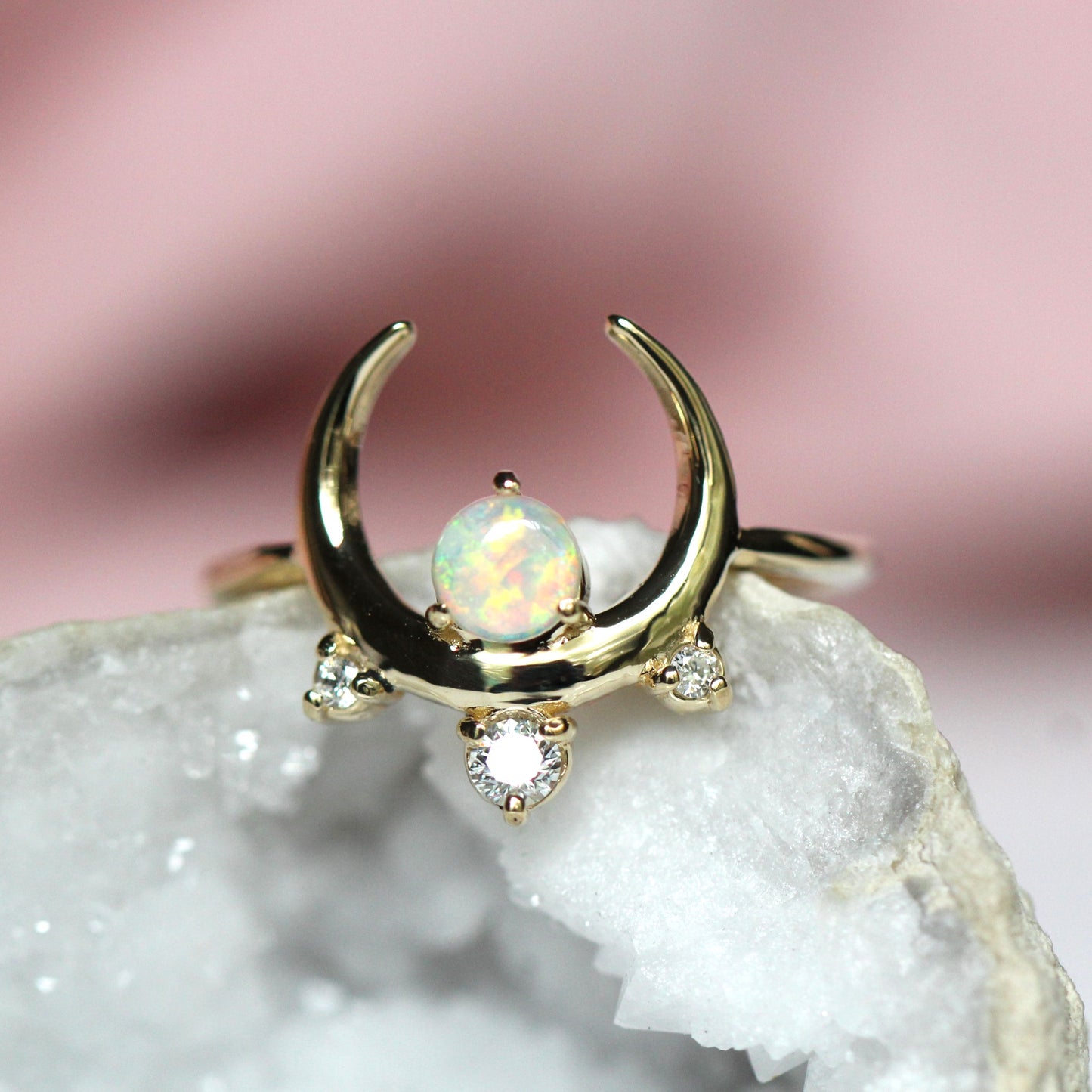 Crescent Moon Opal Diamond Cluster Ring