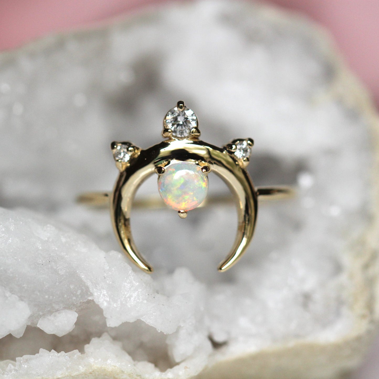 Crescent Moon Opal Diamond Cluster Ring