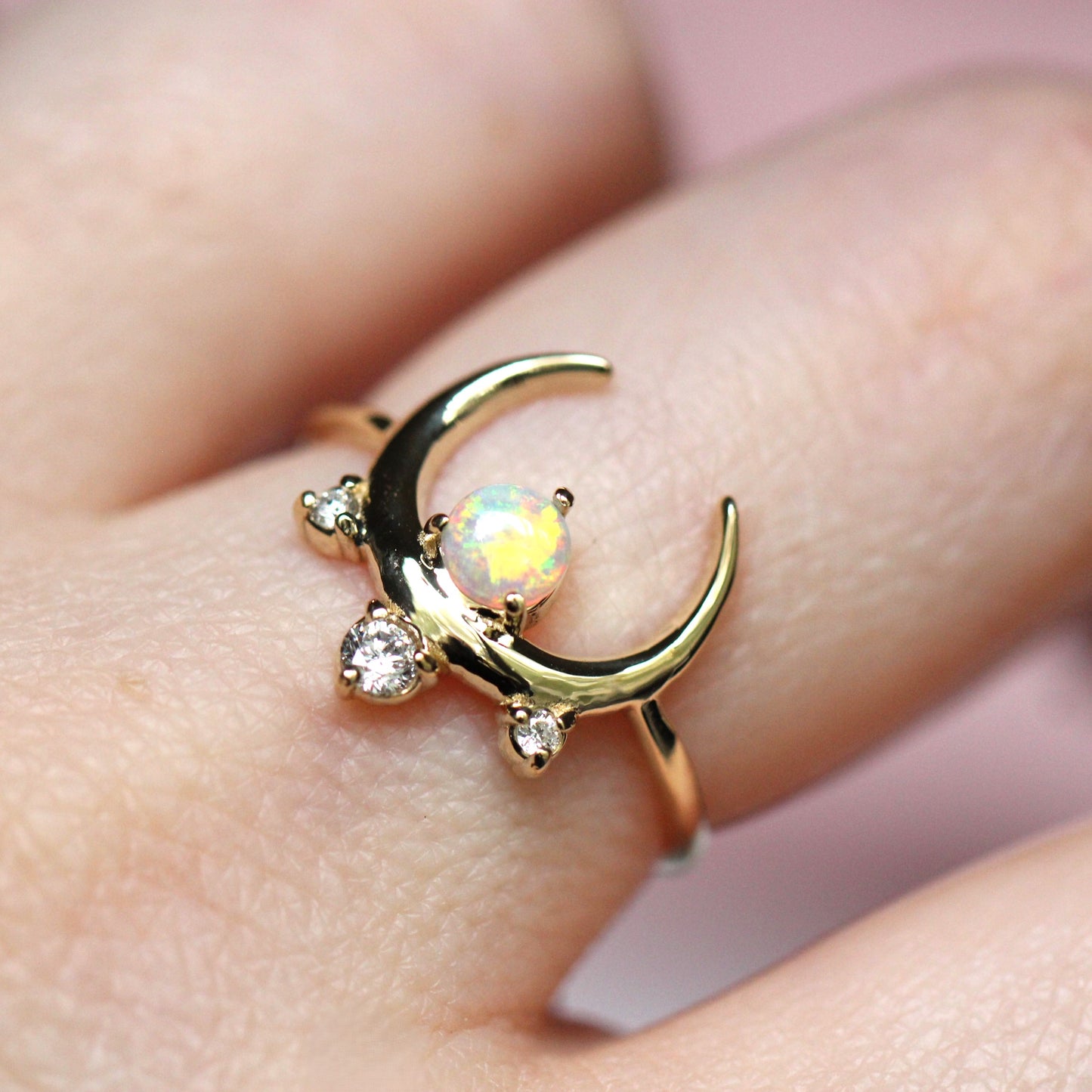 Crescent Moon Opal Diamond Cluster Ring