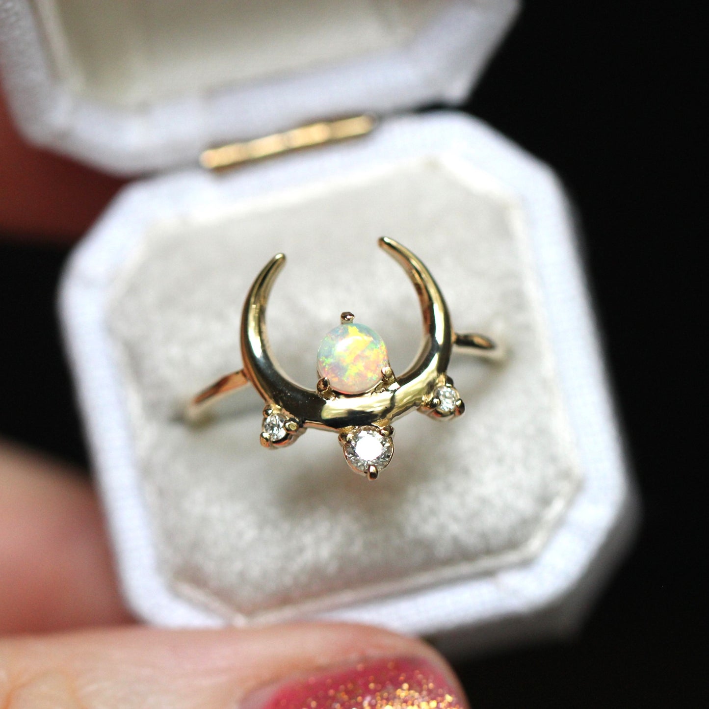 Crescent Moon Opal Diamond Cluster Ring