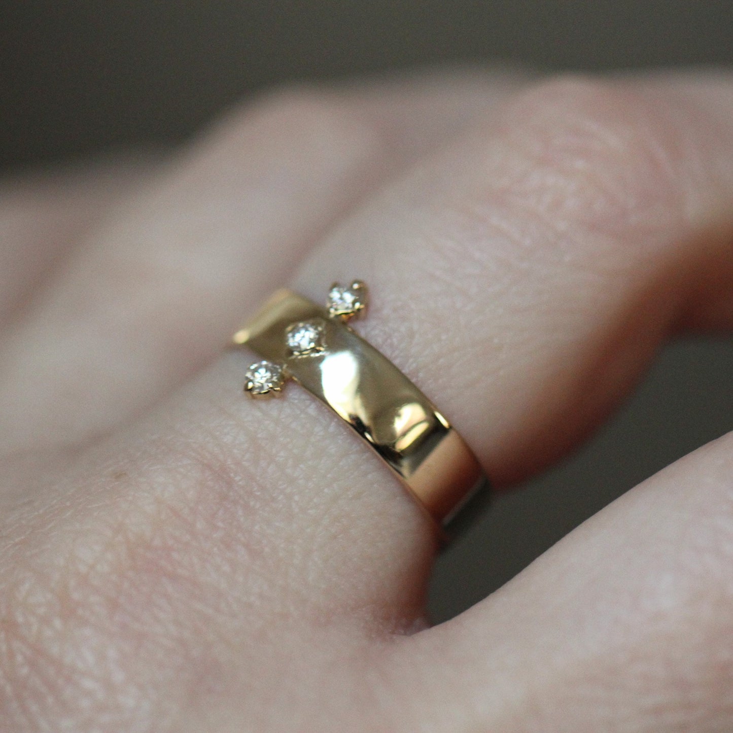 14K Gold Three Diamond Wide Band, 5mm Wide Band, Flat Band, Three Stone Ring, Solid Gold, Real Gold, 10K Gold, Row of Stones, Statement Ring