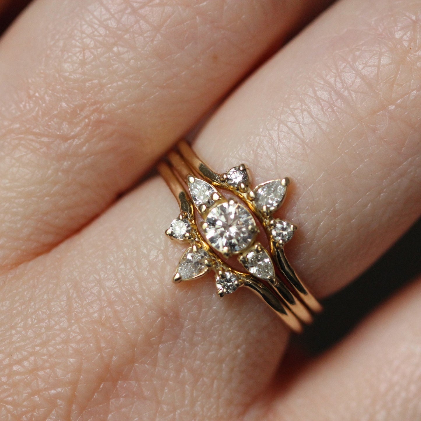 14K Curved Pear Diamond Ring, Three Stone Ring, Wedding Band, Diamond Wedding Band, Curved Stacking Ring, Low Profile, Arched ring, 10K