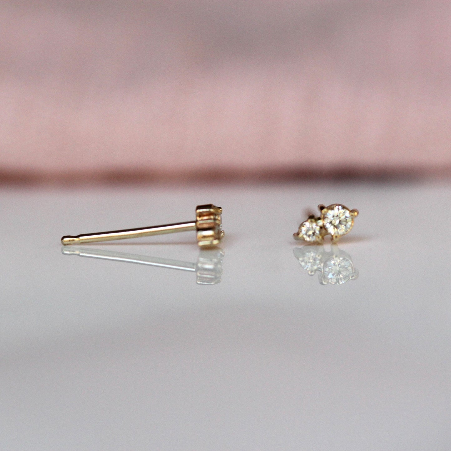14k Gold Two Diamond Stud, Second Hole Stud, Tiny Post Earring, Mutiple Piercing Stud, Three Prong, Real Gold, Minimal Jewelry, Solid Gold
