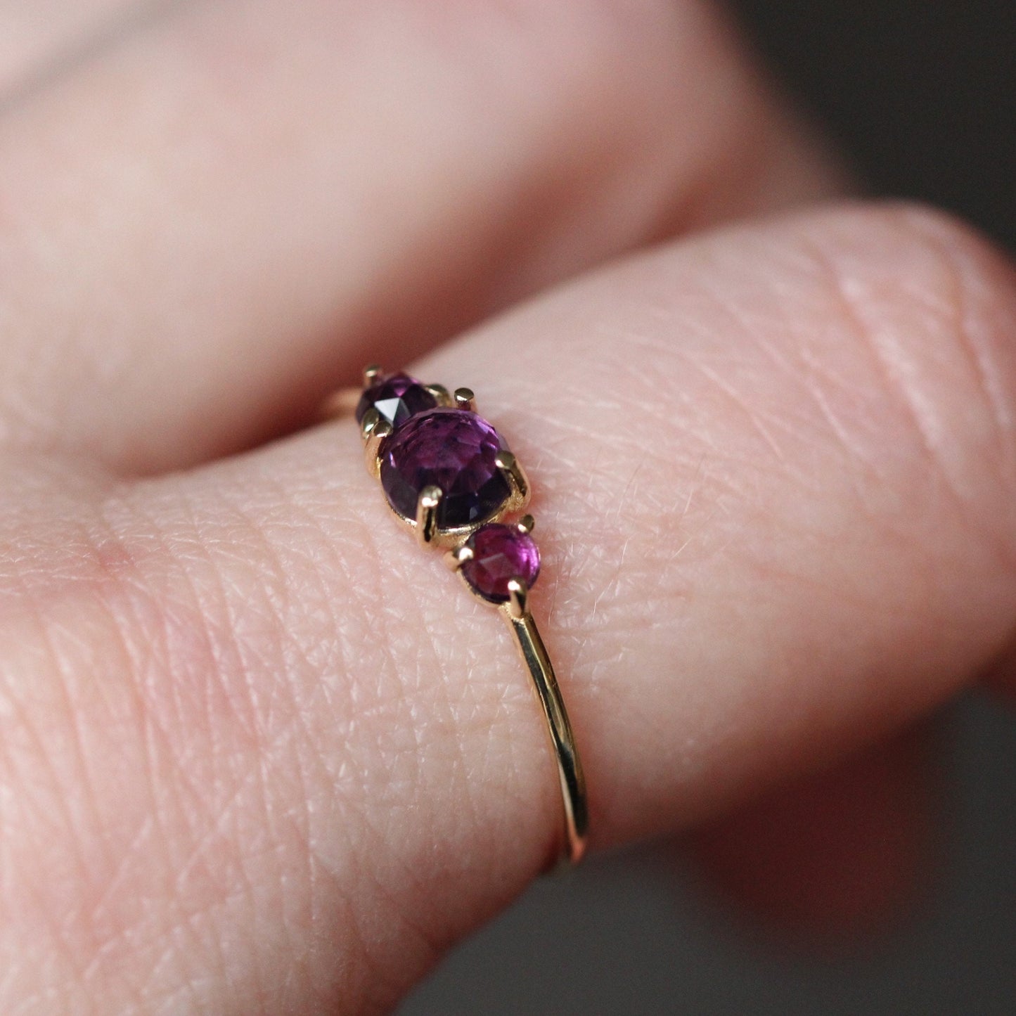 14K Gold Amethyst Ring, Three Stone Ring, Rose Cut Amethyst, 10K, February Birthstone, Triple Stone Ring, Purple Gemstone, Solid Gold Ring