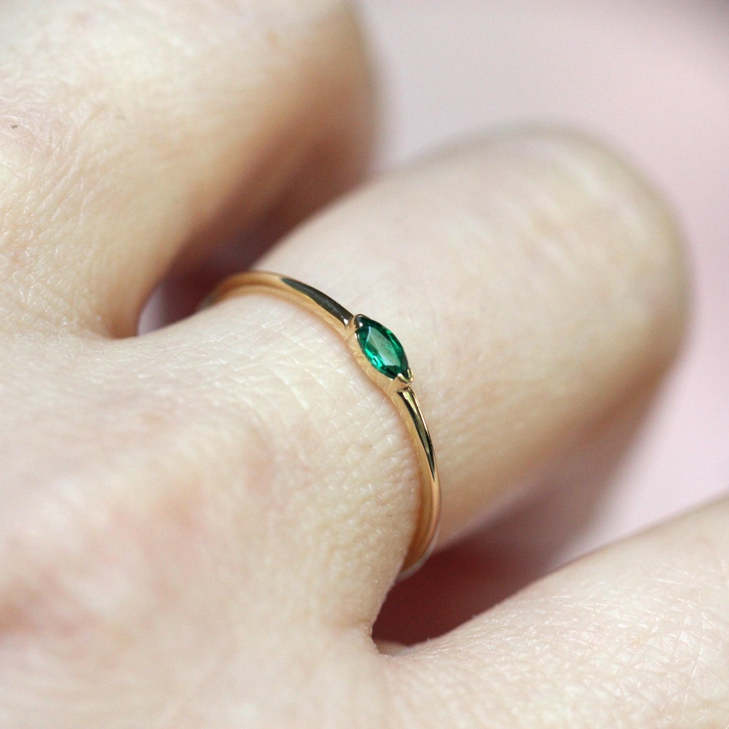 14K Gold Marquise Emerald Ring, "Wink" Ring, Stacking Ring, Green Stone, Double Pointed Shape, 10K Marquise Emerald, May Birthstone, Stacker