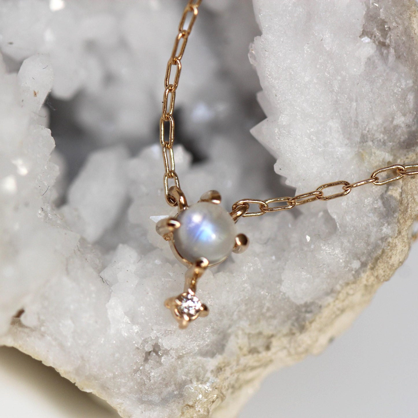 14K Gold Moonstone Diamond Necklace, "Love Drop" Necklace, Moonstone, Solid Gold Necklace, Minimal Jewelry, Layering Necklace, June