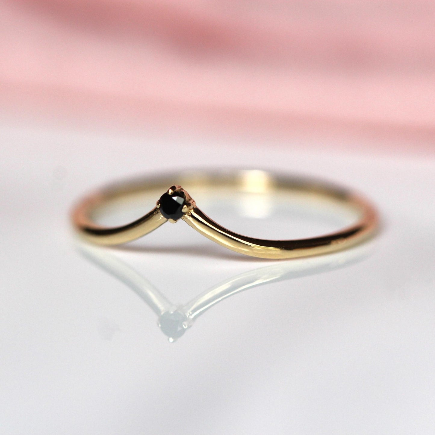 14K Gold "Swoop" Ring, Black Diamond Ring, Diamond Chevron Ring, V Ring, Curved Diamond Ring, 10K Stacking Ring, Solid Gold Ring, Real Gold