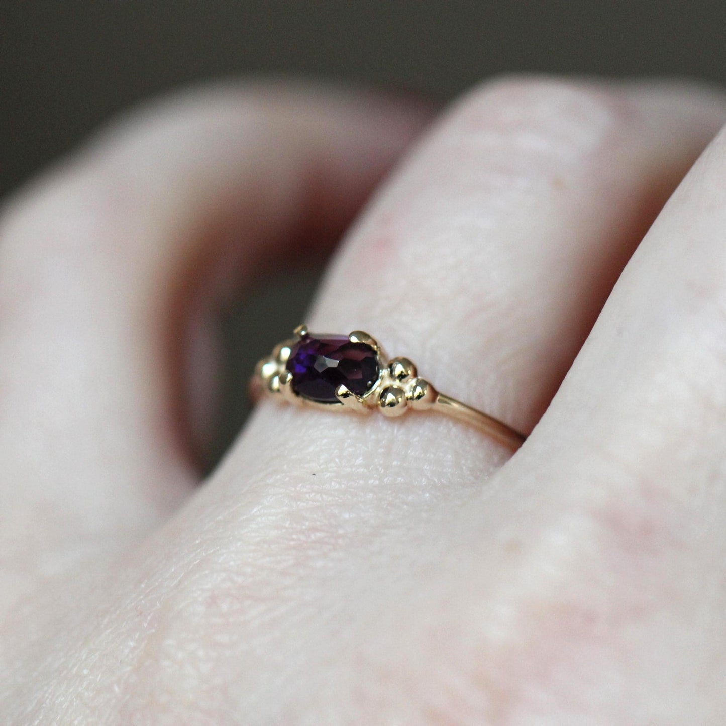 14K Triple Bead Amethyst Ring, Oval Amethyst, Gemstone Ring, February Birthstone, Purple Stone, Accented Ring, Oval Gemstone, 10K, Rose-cut