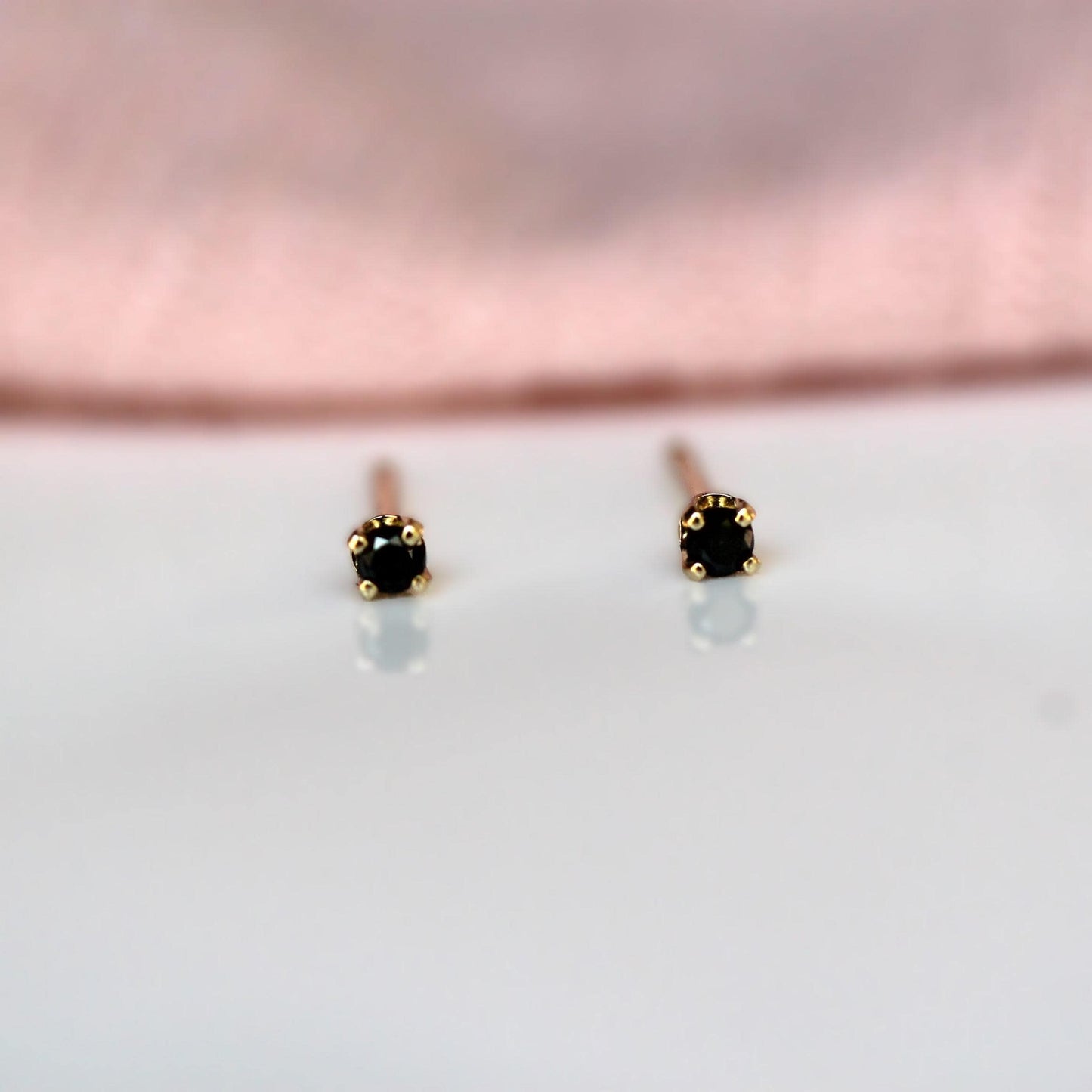 14K Gold Tiny Black Diamond Studs, Black Diamond, Black Stone, Tiny Earrings, Solid Gold, Gold Stud, Real Gold, Post Studs. Four Prong