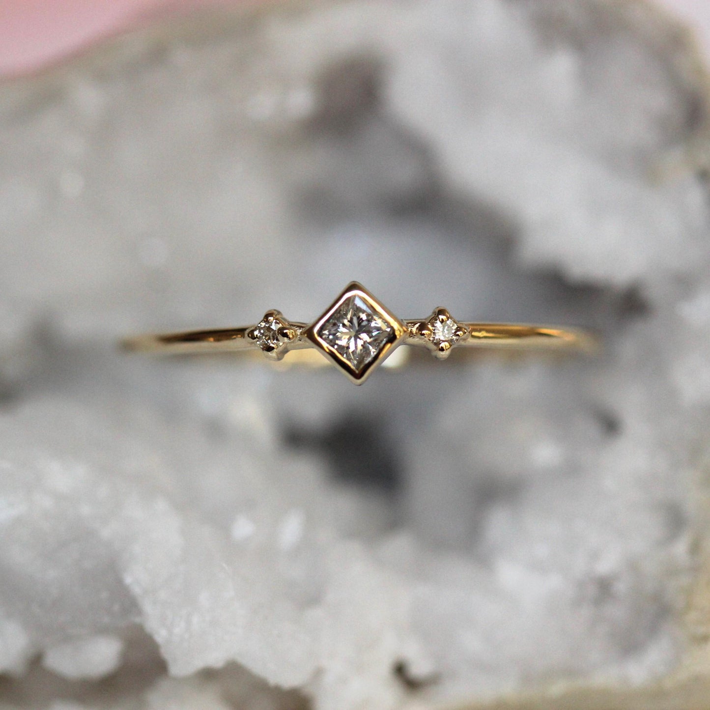 14K Diamond Princess Ring, Square Diamond Ring, Dainty Engagement Ring, Bezel Setting, Simplistic Ring, Three Stone Ring, Princess Cut