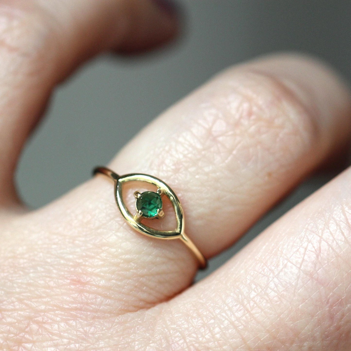 14K Gold Emerald Ring, "Evil Eye" Ring, Green Stone Ring, May Birthstone, 10K, Open Eye Ring, Dainty Ring, Solid Gold Ring, Rose-Cut Stone