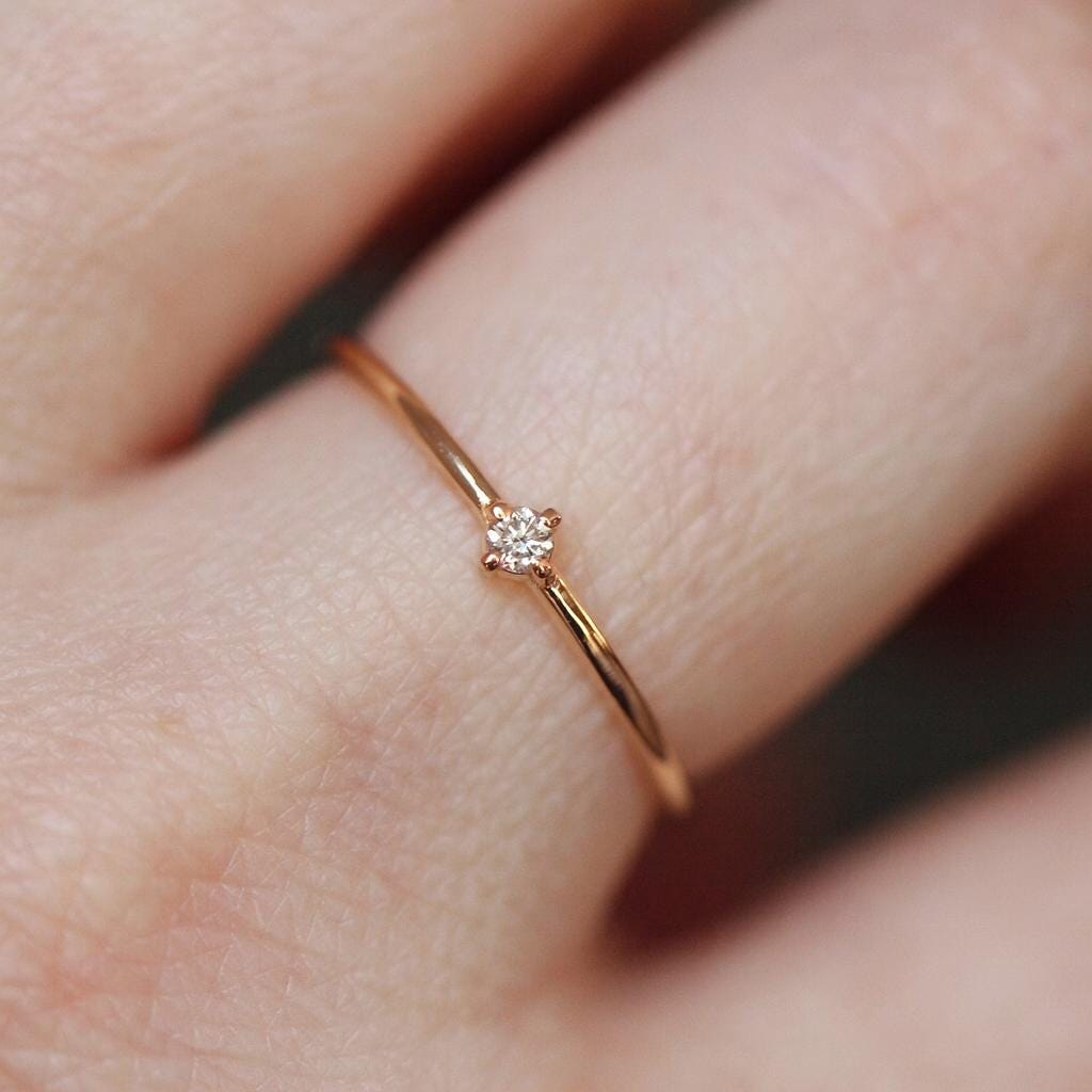 14K Gold Tiny Diamond Ring, Diamond Ring, Small Diamond Ring, Stacking Ring, April Birthstone, Four Prong Ring, Real Gold, Solid Gold