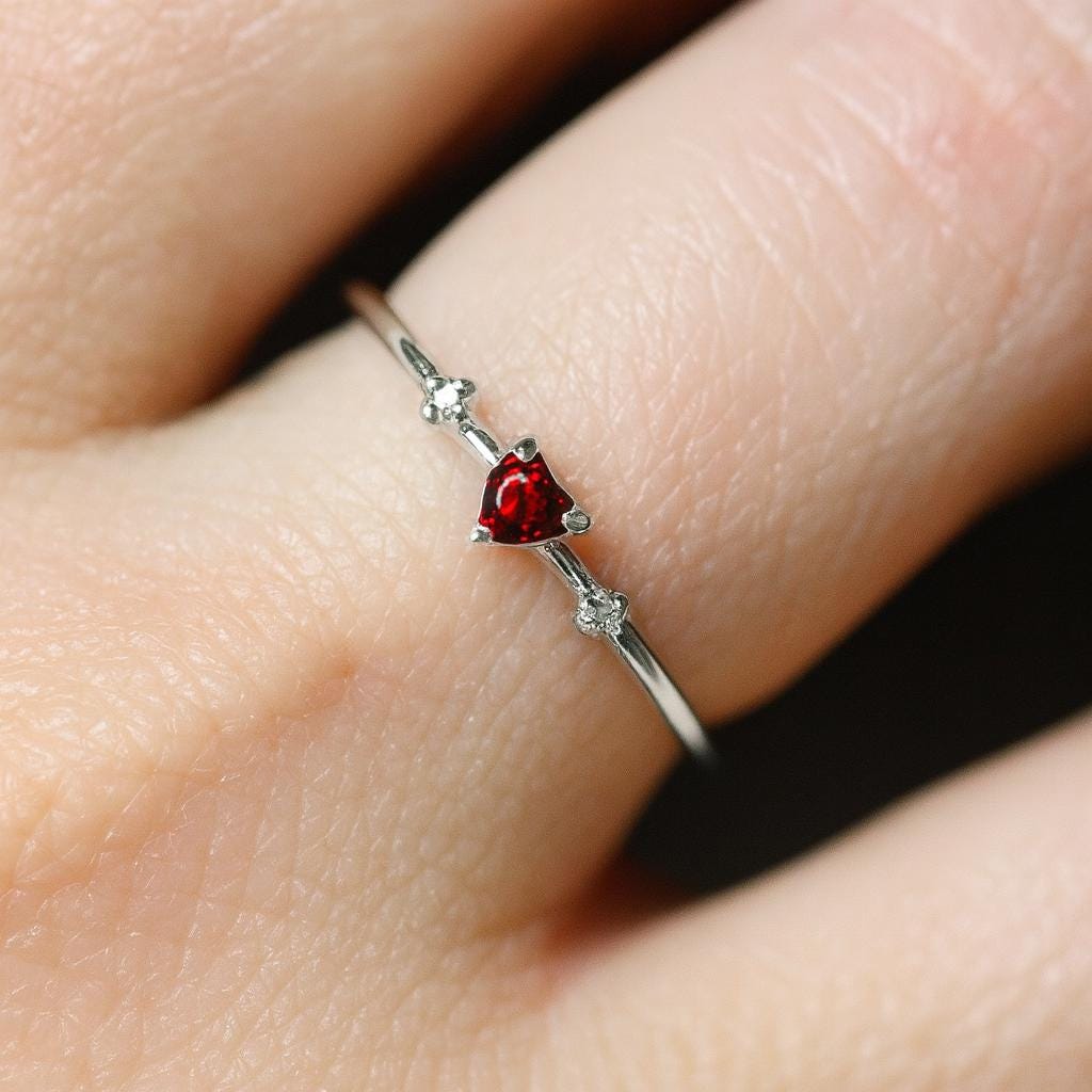 14K Garnet Heart Ring, Three Stone Ring, January Birthstone, 10K Gemstone Ring, Red Stone Ring, Tiny Heart Ring, Stacking, Diamond, Gold
