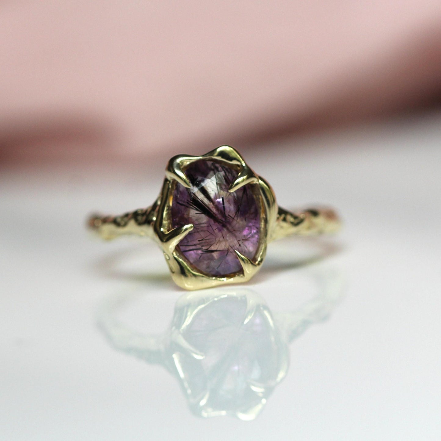 10K OOAK Super Seven Free Form Ring, Molten Ring. Solid Gold, One Of a Kind, Melody Stone, Purple Stone, Organic Textured Ring, Wave Ring