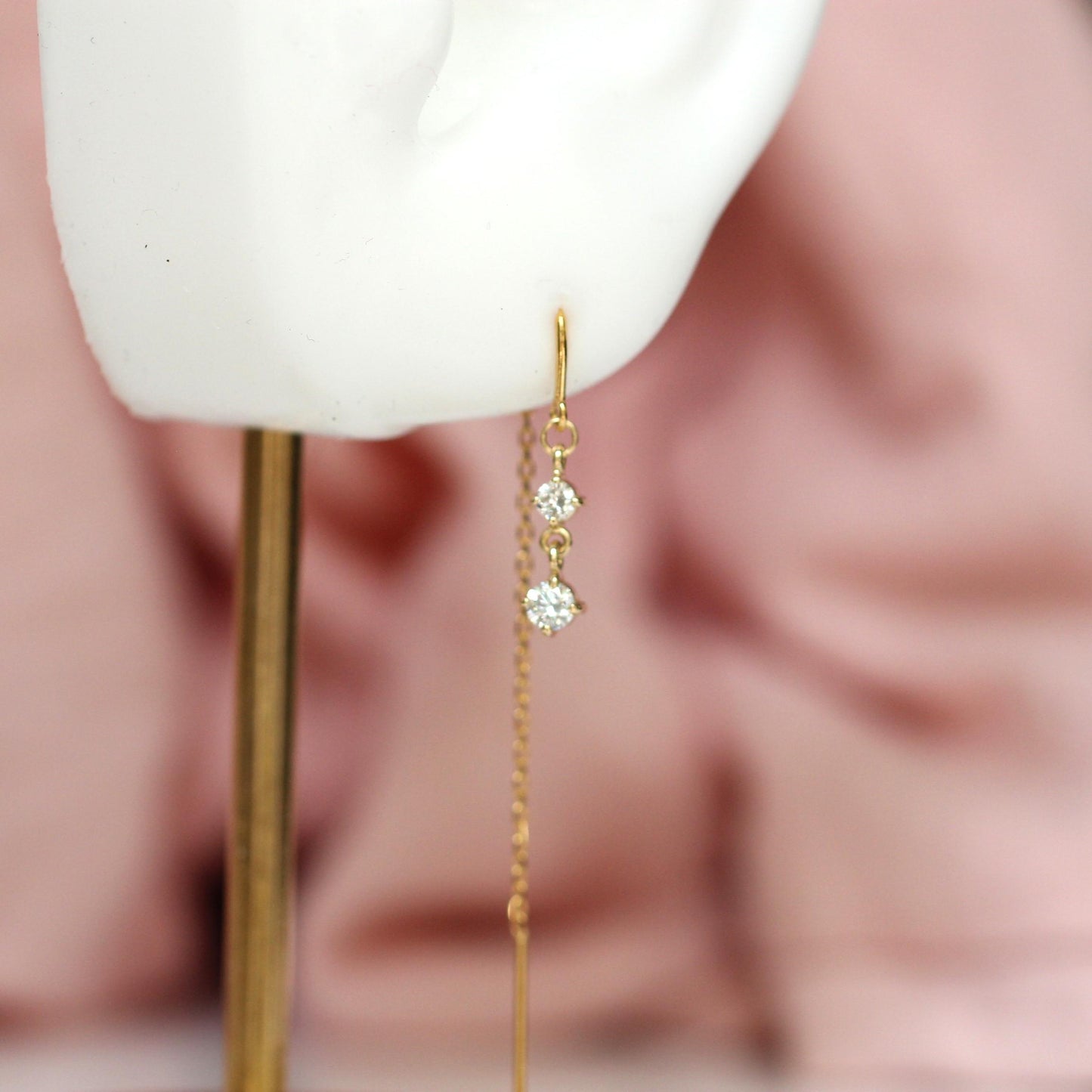 14K Gold Diamond Threader Earrings, Double Diamond, Hoop Threader, Looping Earrings, Solid Gold Earrings, Two Diamonds, Dangle Earrings