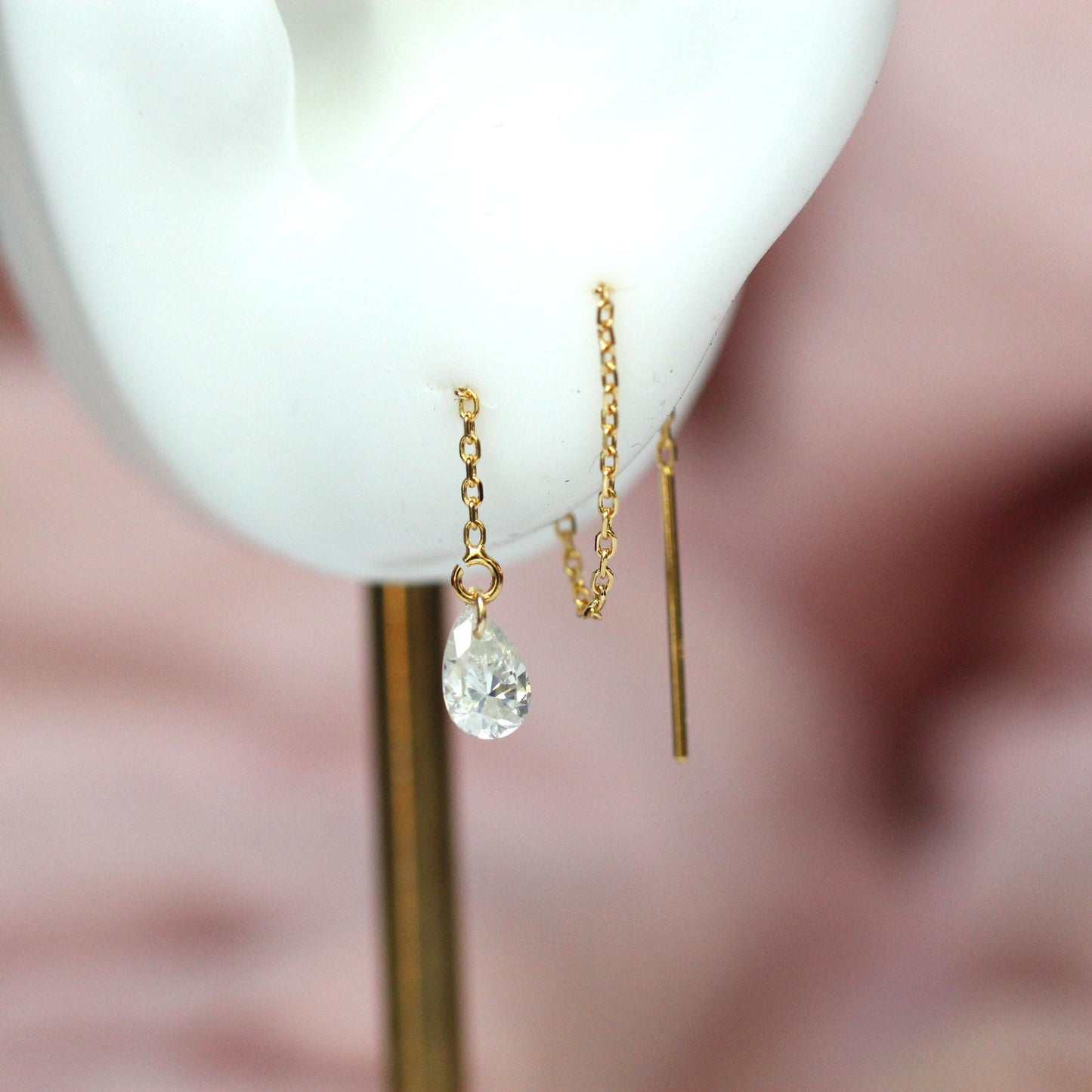 14K Gold Pear Diamond Threader Earrings, Floating Diamond, Tear Shape , Lab Made, Solid 14K Gold, Chain Earring, Drop Shape, Real Gold