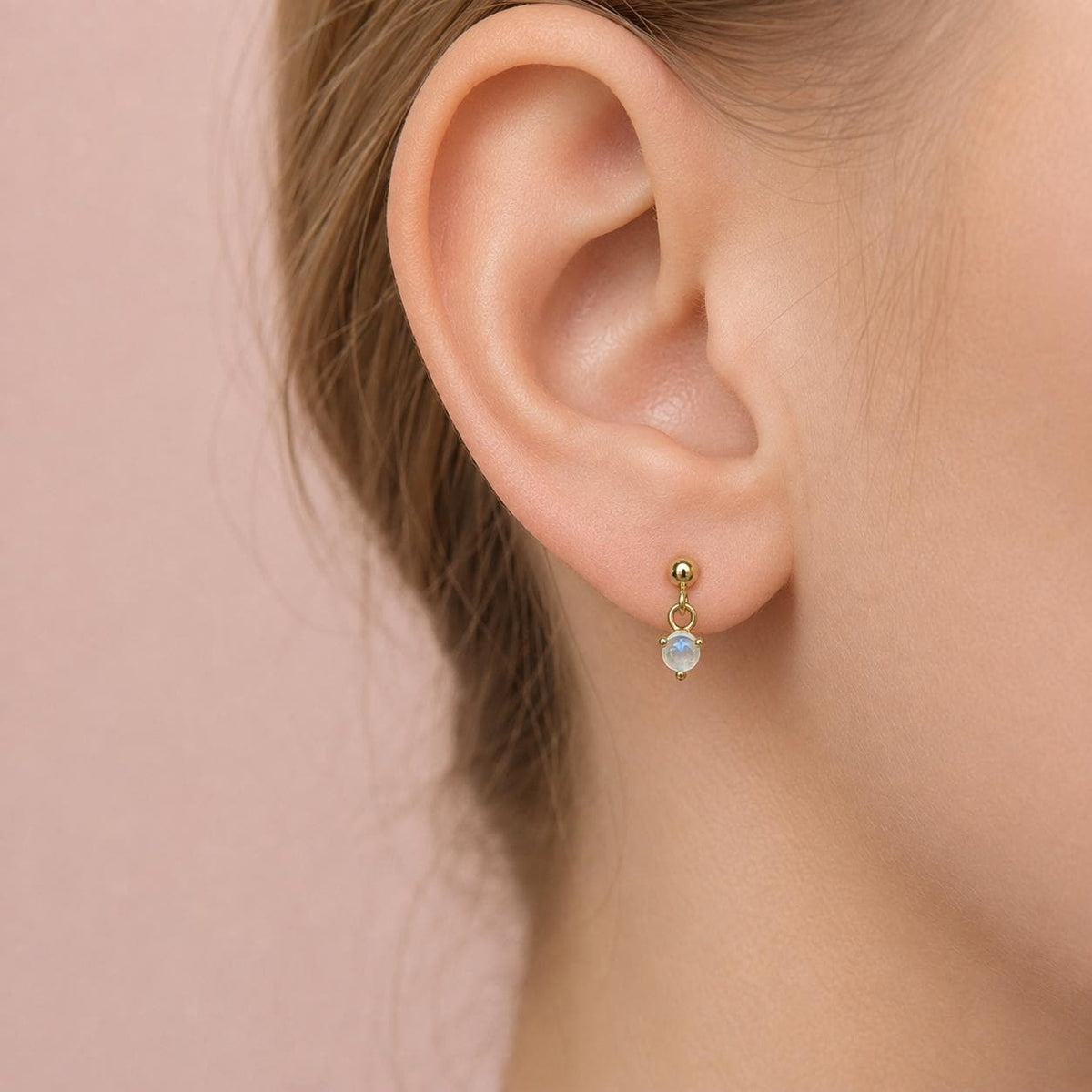 14K Moonstone Dangle Studs, Ball Studs, Blue Flash, Rainbow Moonstone, Solid Gold Earrings, Real Gold, Dreamy Studs, June Bithstone