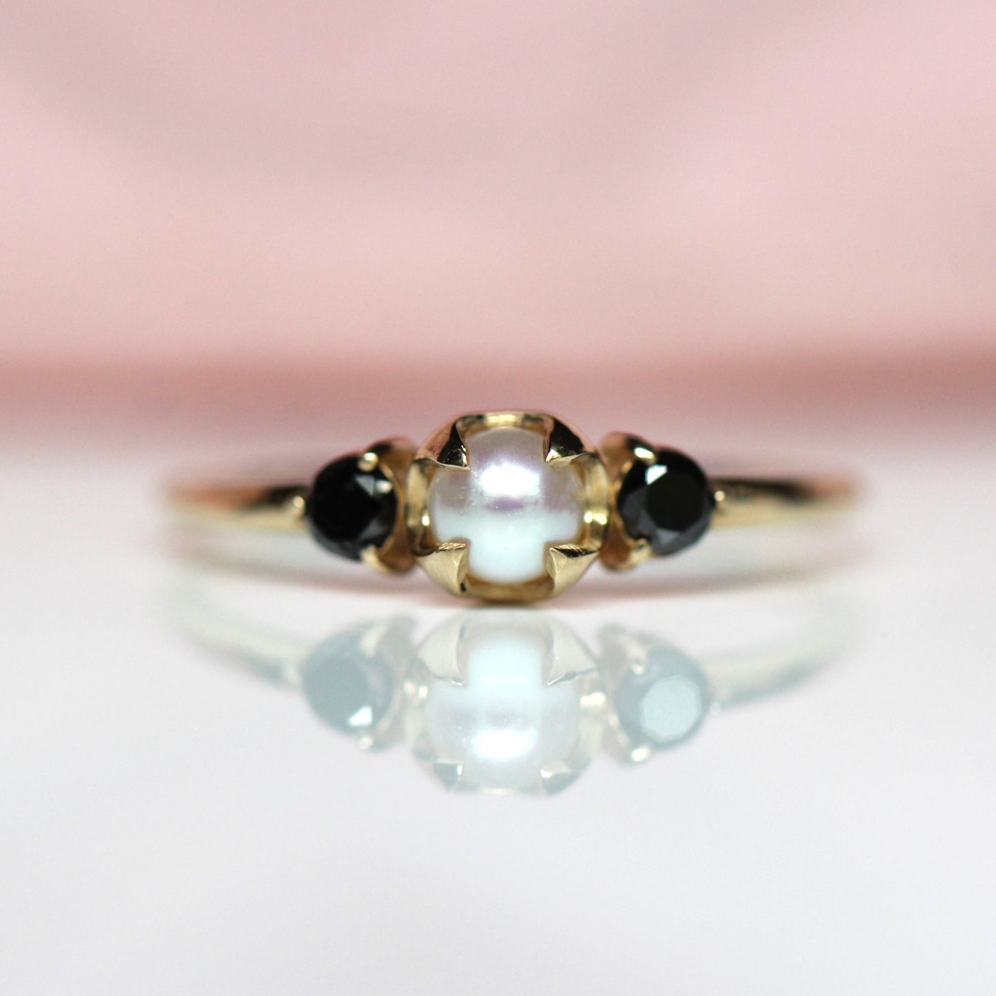 Pearl Black Diamond Three Stone Ring