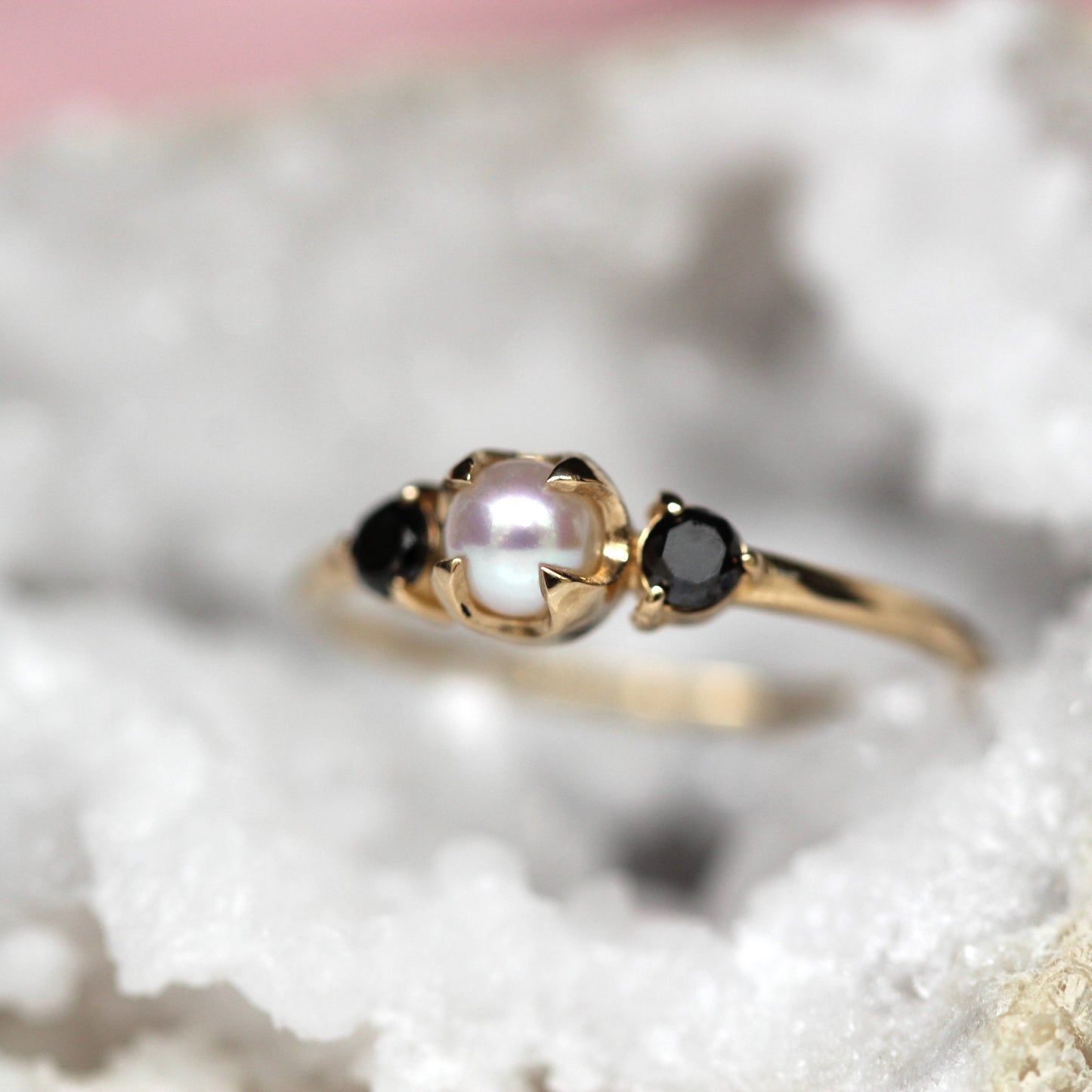 Pearl Black Diamond Three Stone Ring