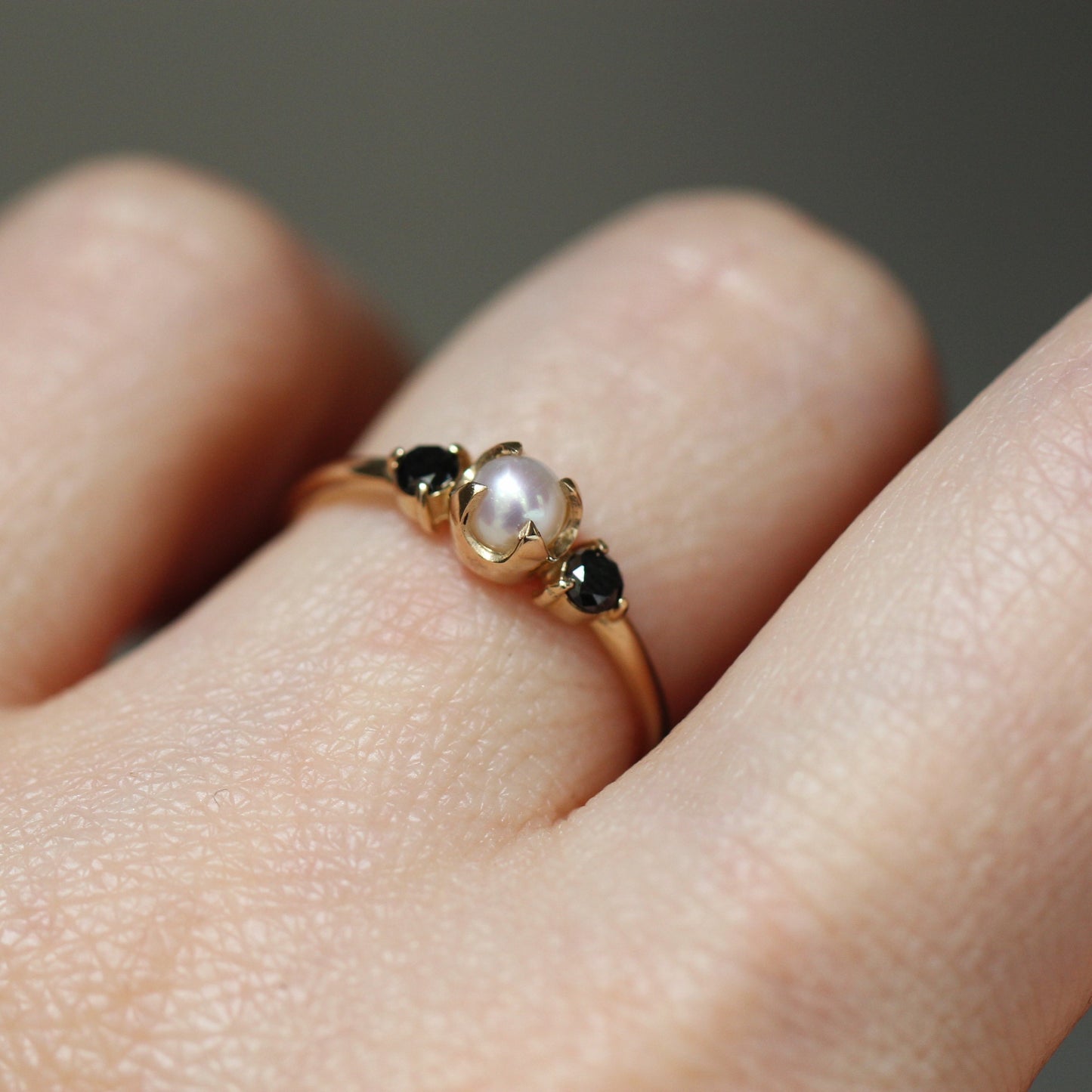 Pearl Black Diamond Three Stone Ring