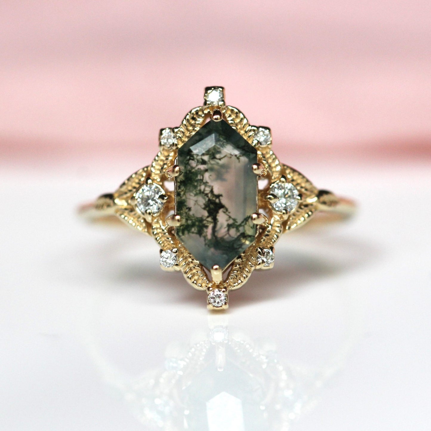 Elongated Leaf Moss Agate Ring