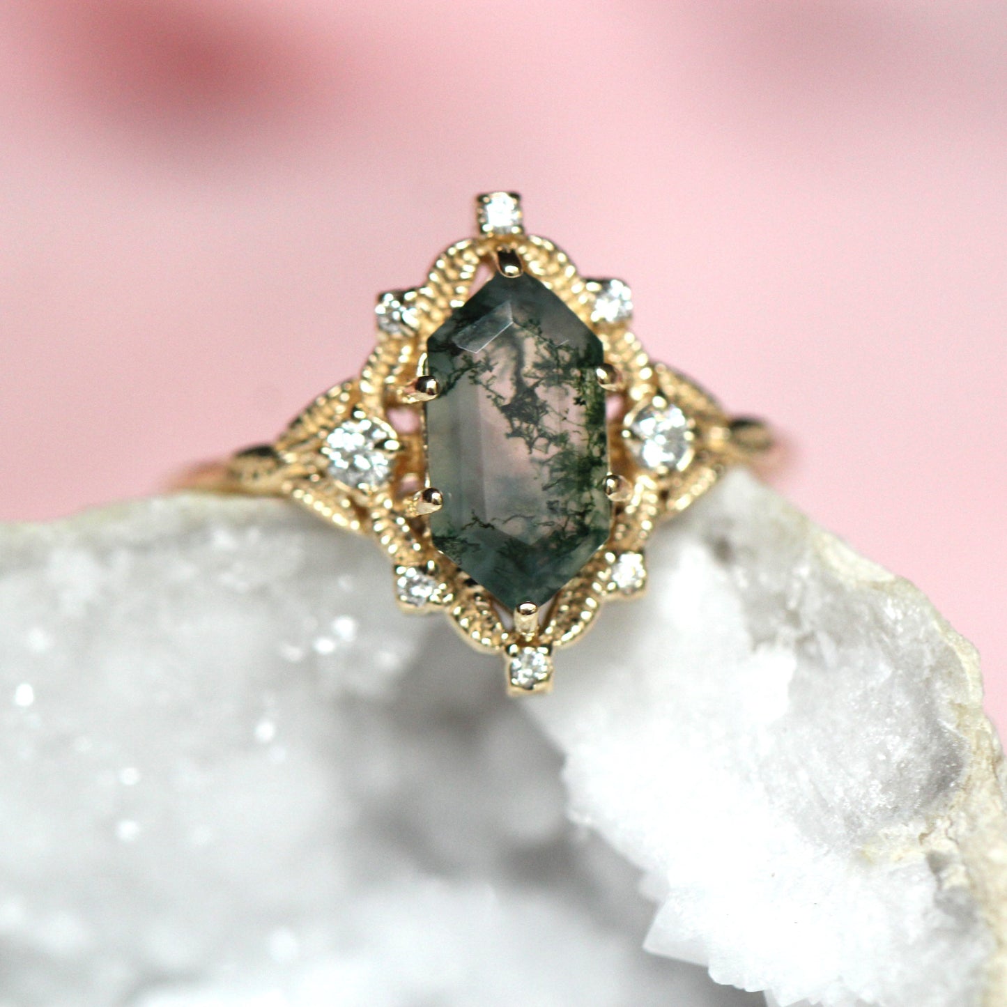 Elongated Leaf Moss Agate Ring