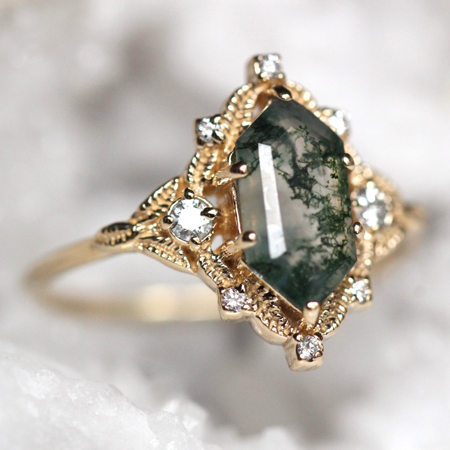 Elongated Leaf Moss Agate Ring