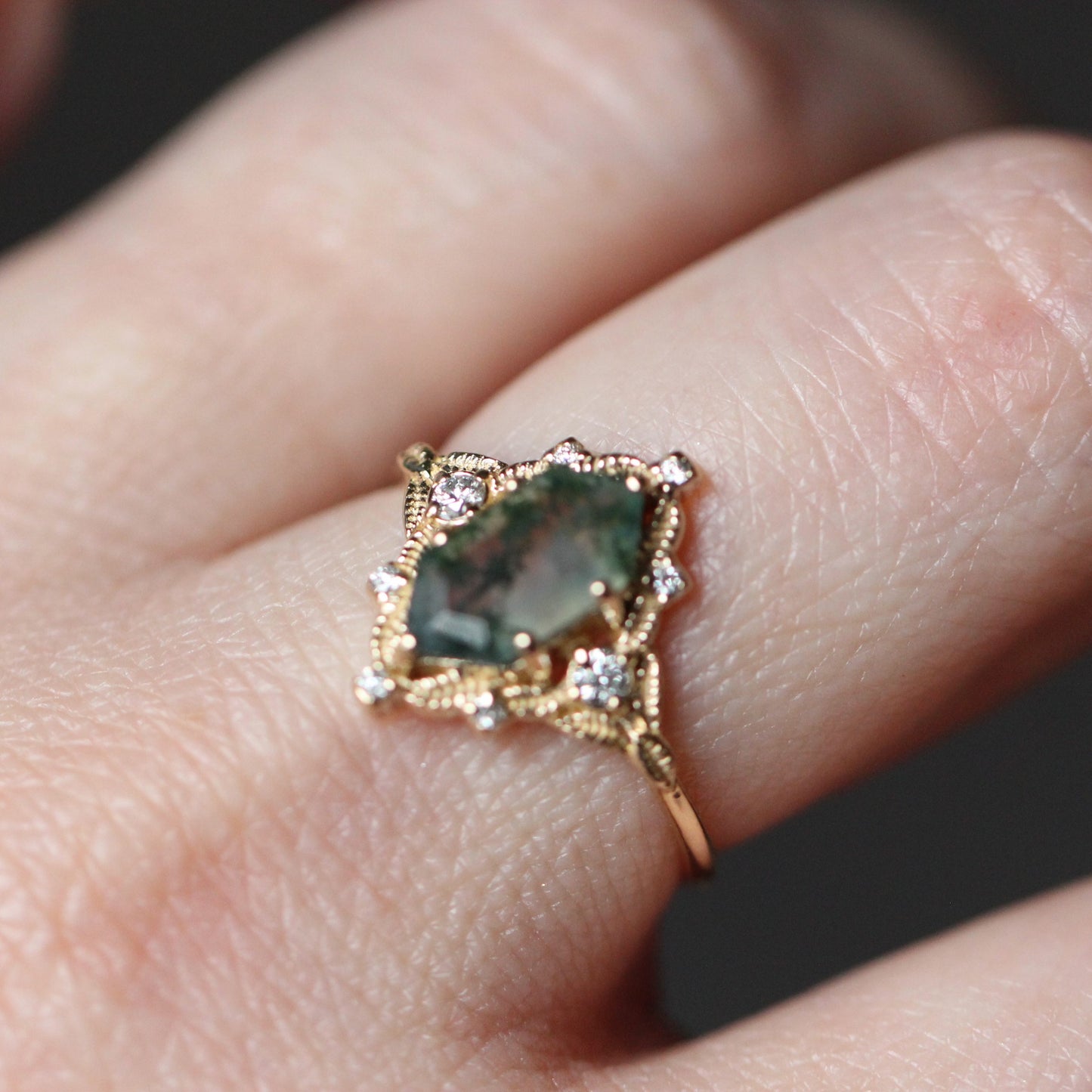 Elongated Leaf Moss Agate Ring