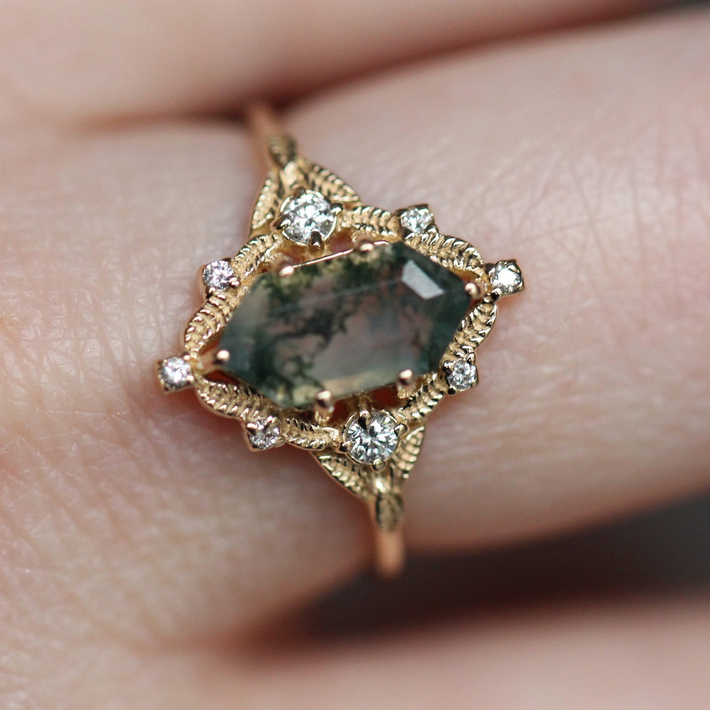 Elongated Leaf Moss Agate Ring