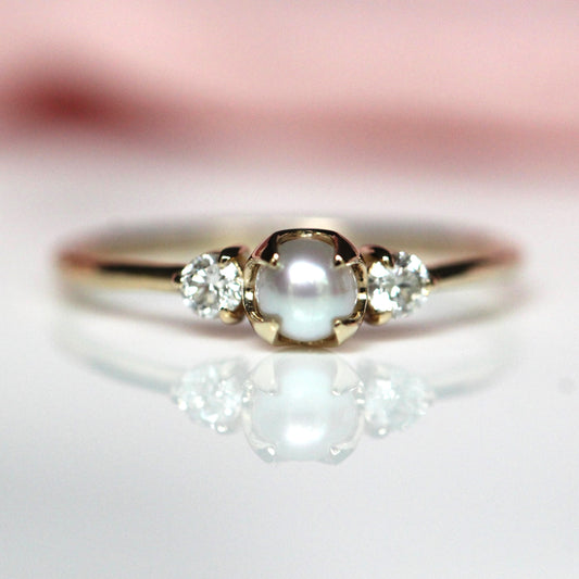 Pearl and Diamond Three Stone Ring