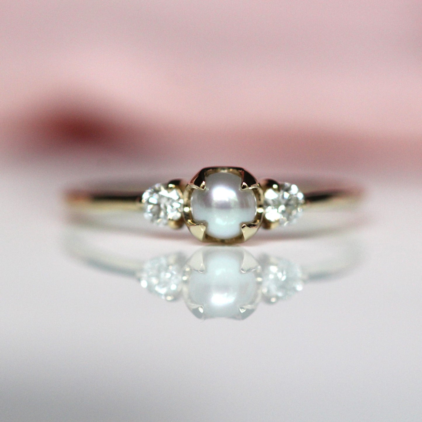 Pearl and Diamond Three Stone Ring