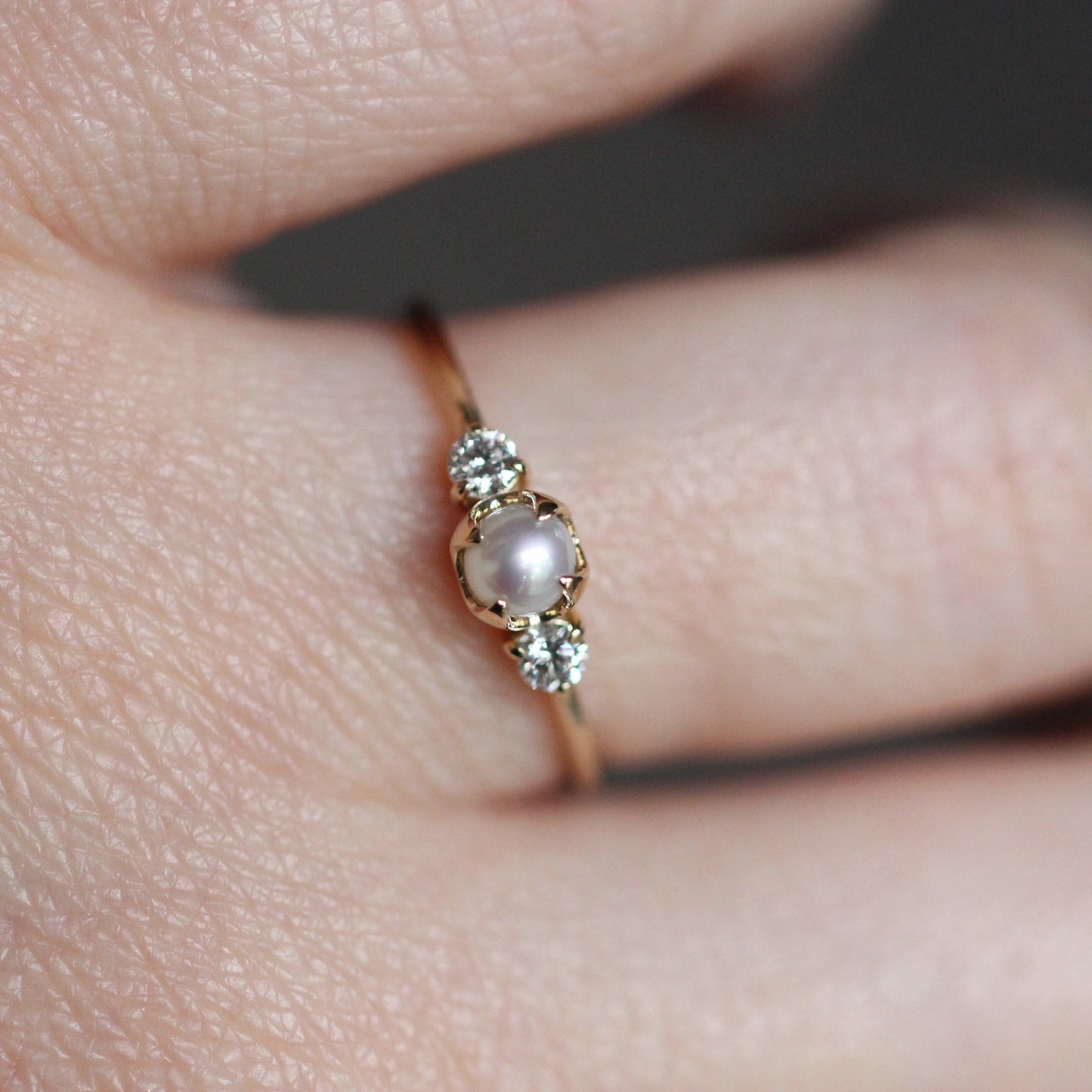 Pearl and Diamond Three Stone Ring