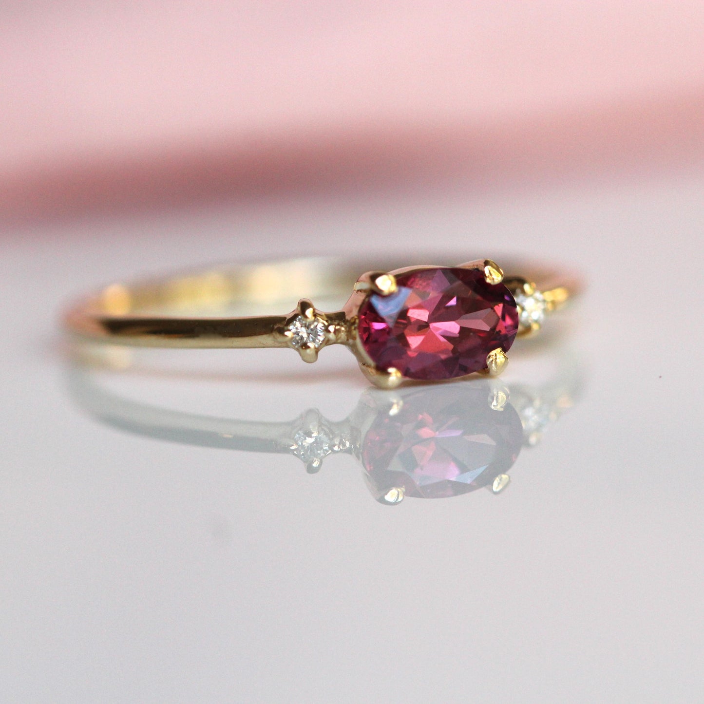 East West Rhodolite Garnet Diamond Ring