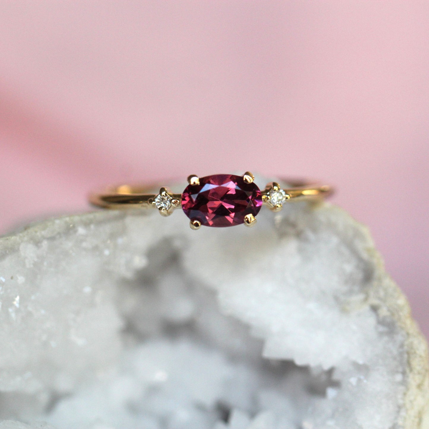 East West Rhodolite Garnet Diamond Ring