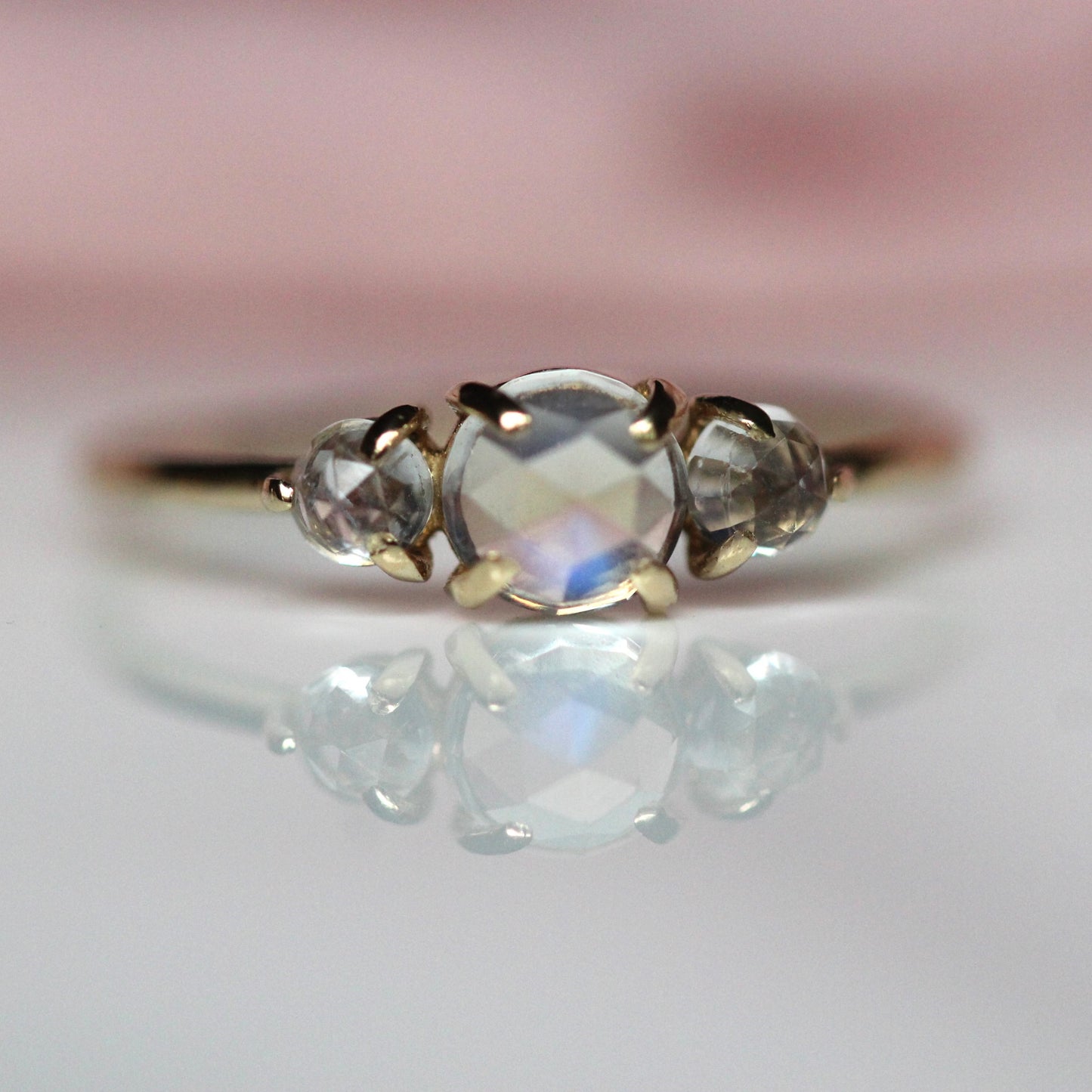 Rose Cut Moonstone Trilogy Ring