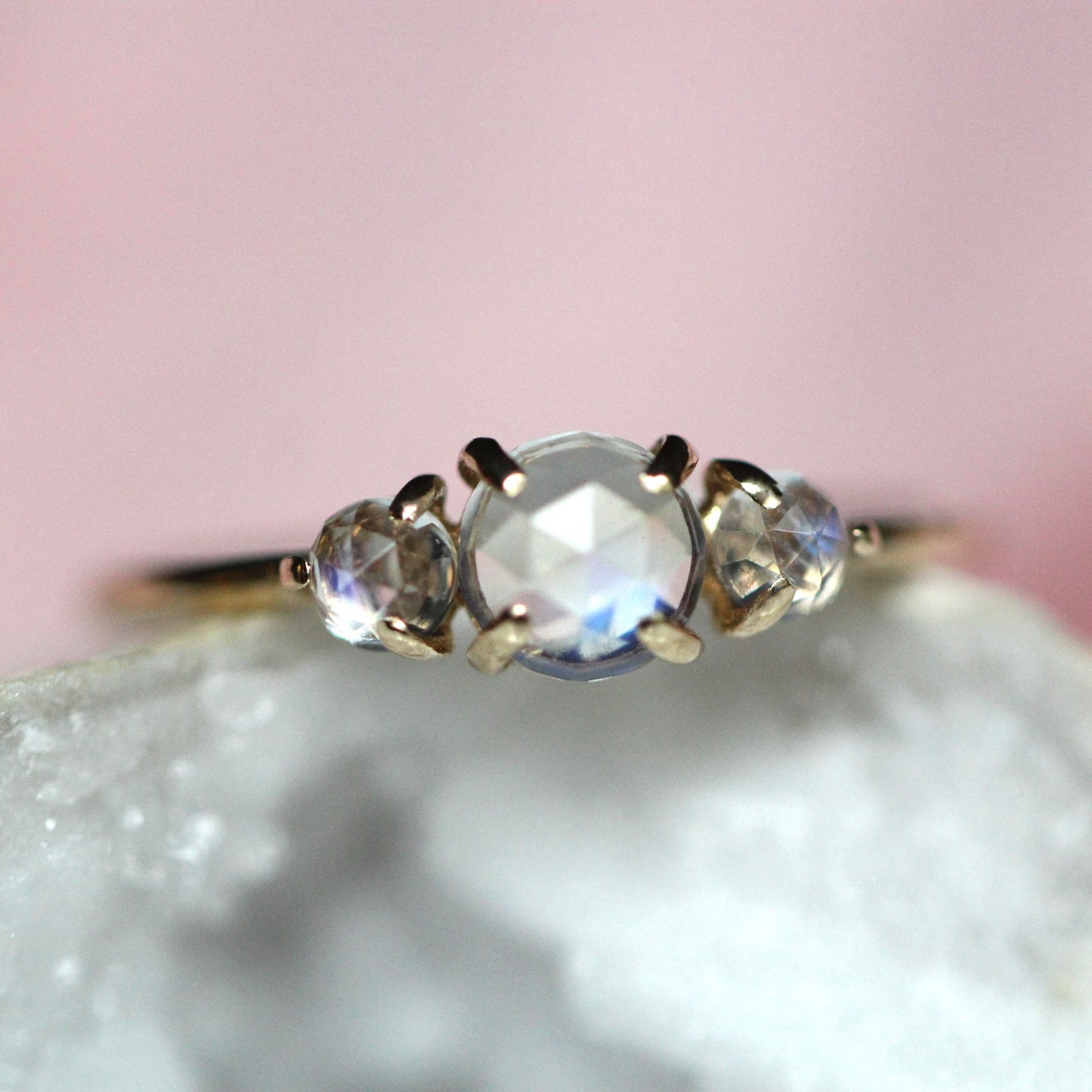 Rose Cut Moonstone Trilogy Ring