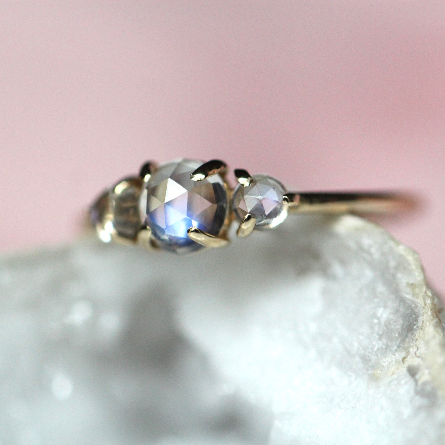 Rose Cut Moonstone Trilogy Ring