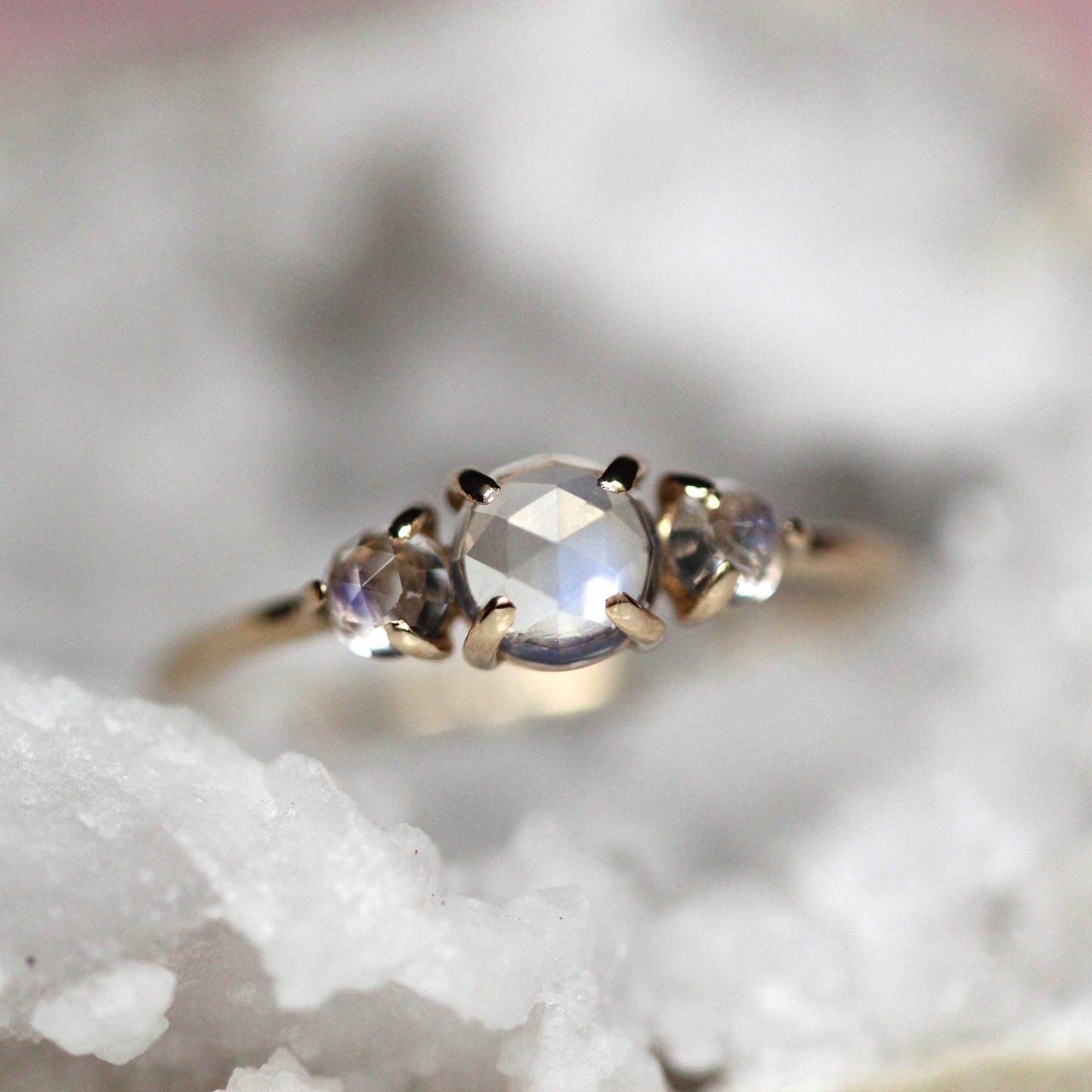 Rose Cut Moonstone Trilogy Ring