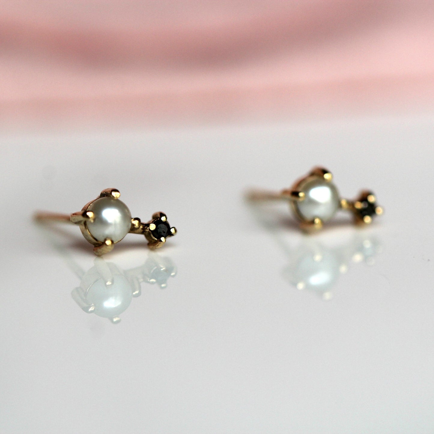 Pearl and Black Diamond Love Drop Studs