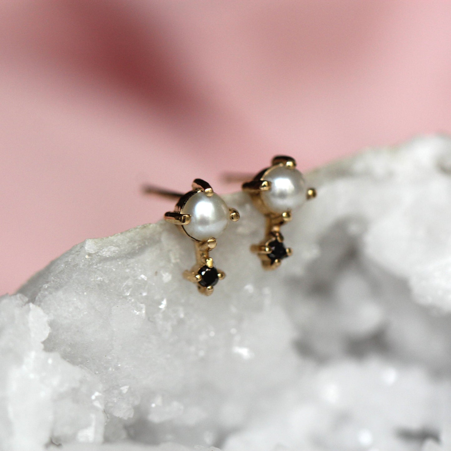 Pearl and Black Diamond Love Drop Studs