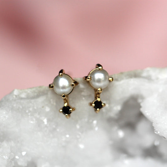 Pearl and Black Diamond Love Drop Studs