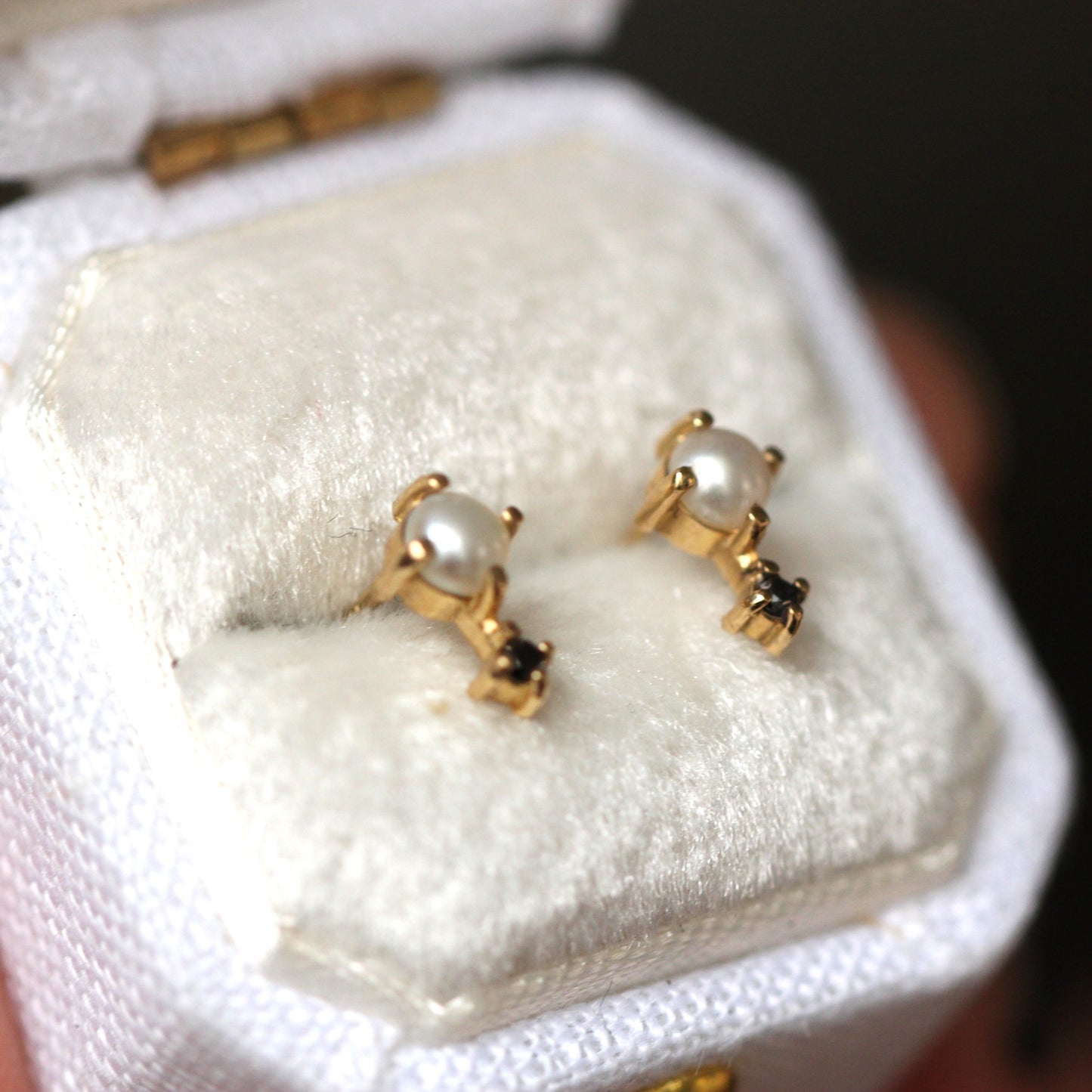 Pearl and Black Diamond Love Drop Studs