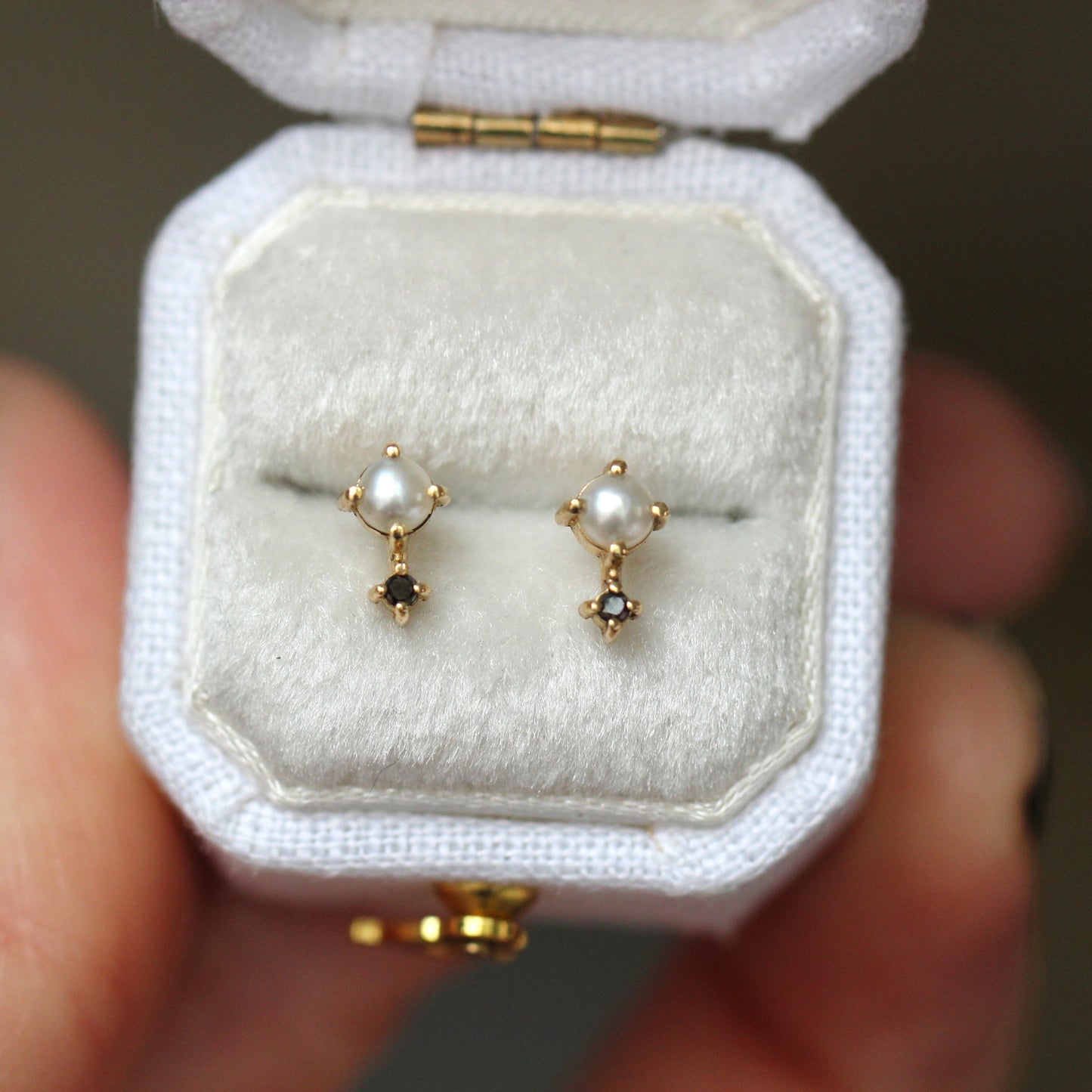 Pearl and Black Diamond Love Drop Studs