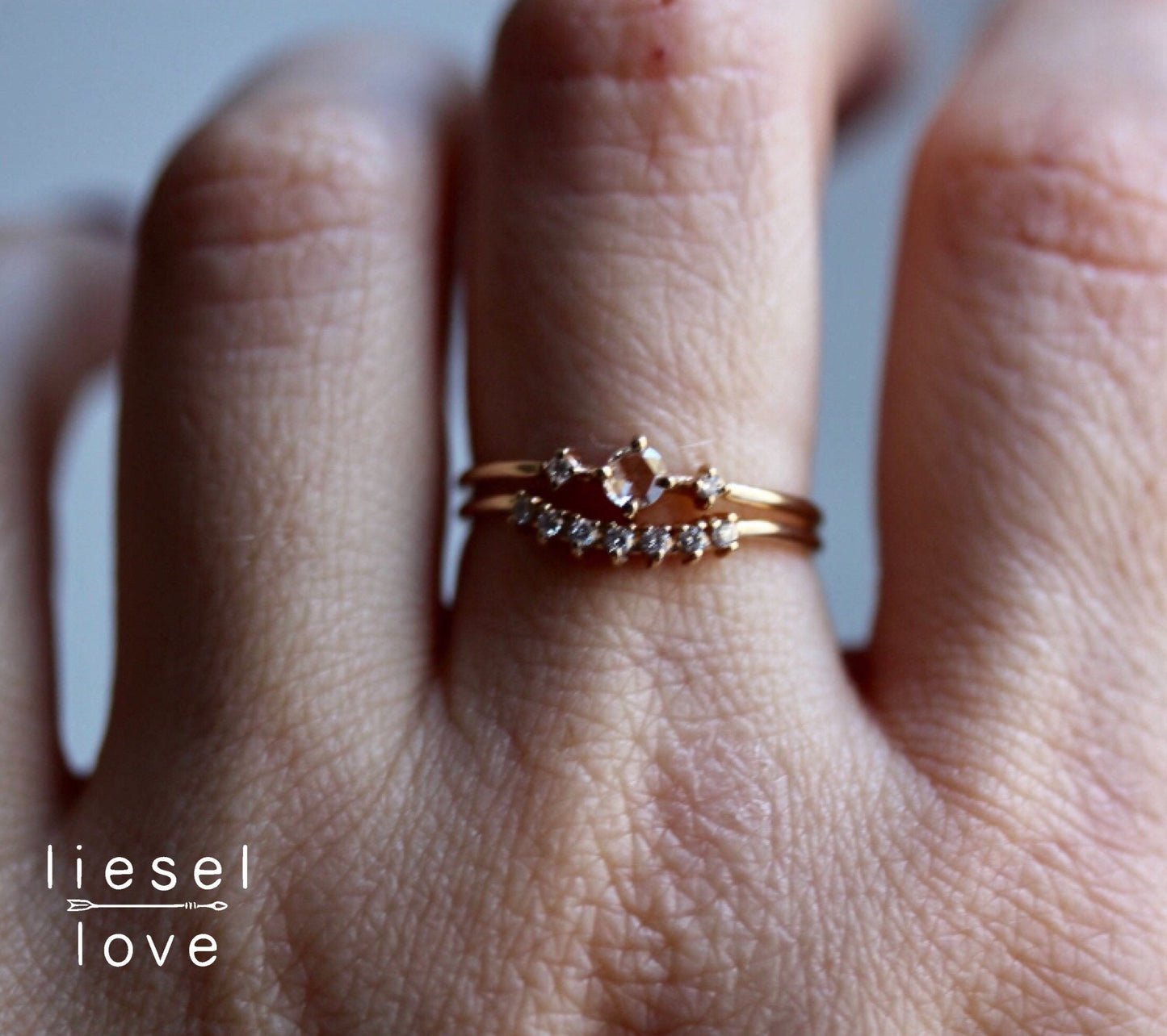 14K Gold Rose Cut Diamond Ring, "Moonlight Drive" Ring, Dainty Engagement Ring, Three Stone Ring, Diamond Ring, Minimal Jewelry, Solid Gold