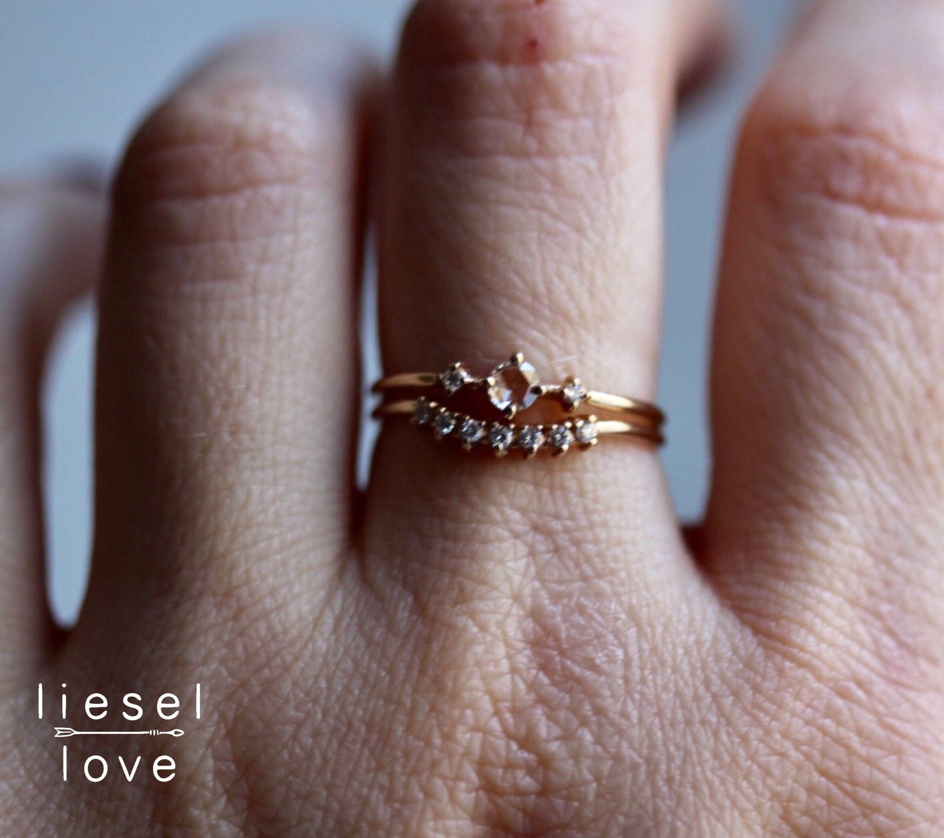 14K Gold Rose Cut Diamond Ring, "Moonlight Drive" Ring, Dainty Engagement Ring, Three Stone Ring, Diamond Ring, Minimal Jewelry, Solid Gold