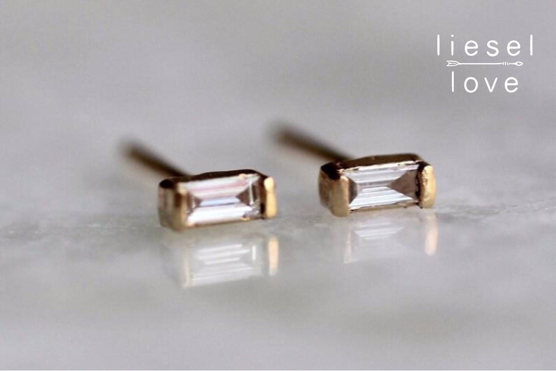 14K Gold Diamond Baguette Studs, Diamond Studs, Diamond Earrings, Gold Studs, Gold Earrings, Step Cut Stone, Rectangle Shape, Solid Gold