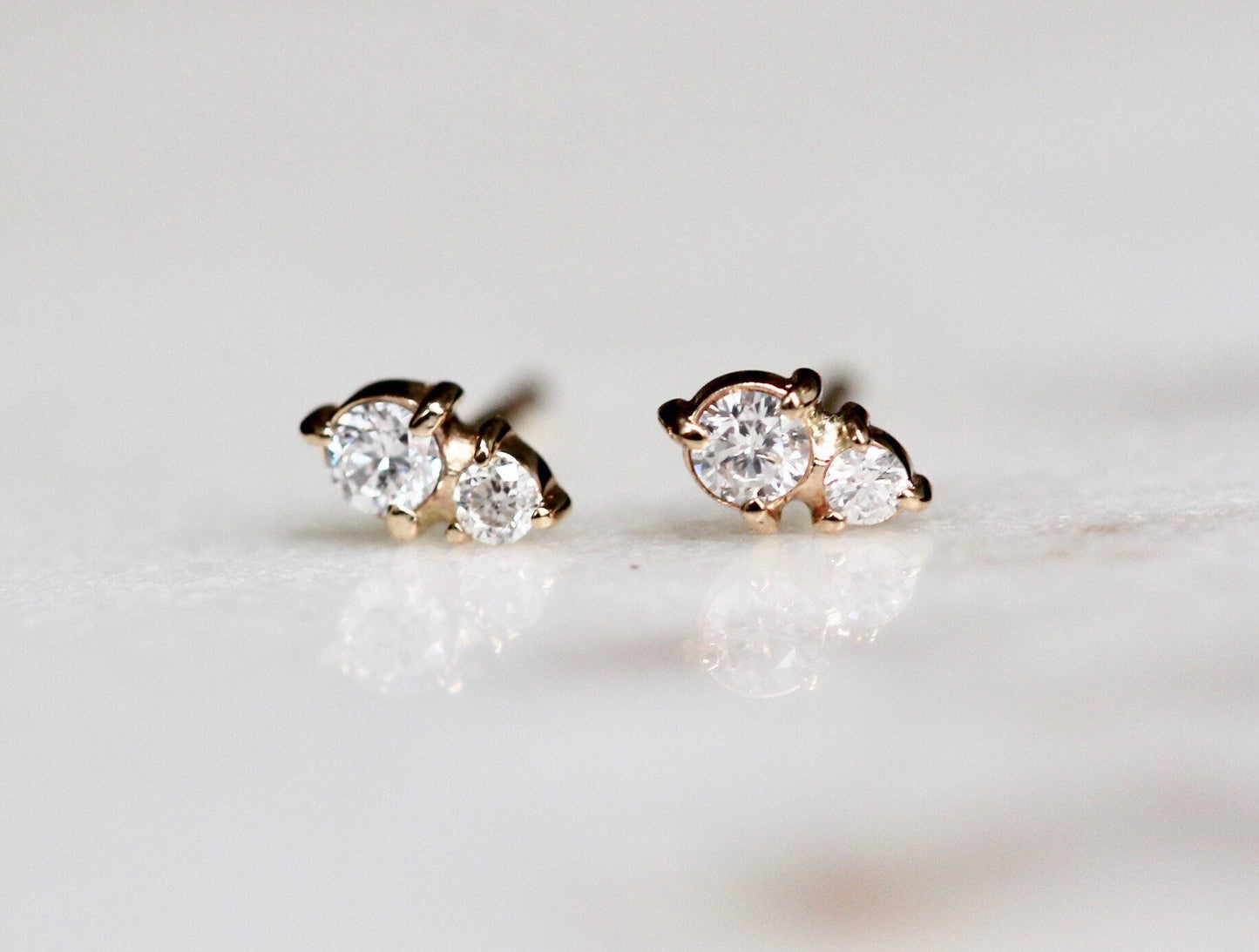 14k Gold Two Diamond Stud, Second Hole Stud, Tiny Post Earring, Mutiple Piercing Stud, Three Prong, Real Gold, Minimal Jewelry, Solid Gold