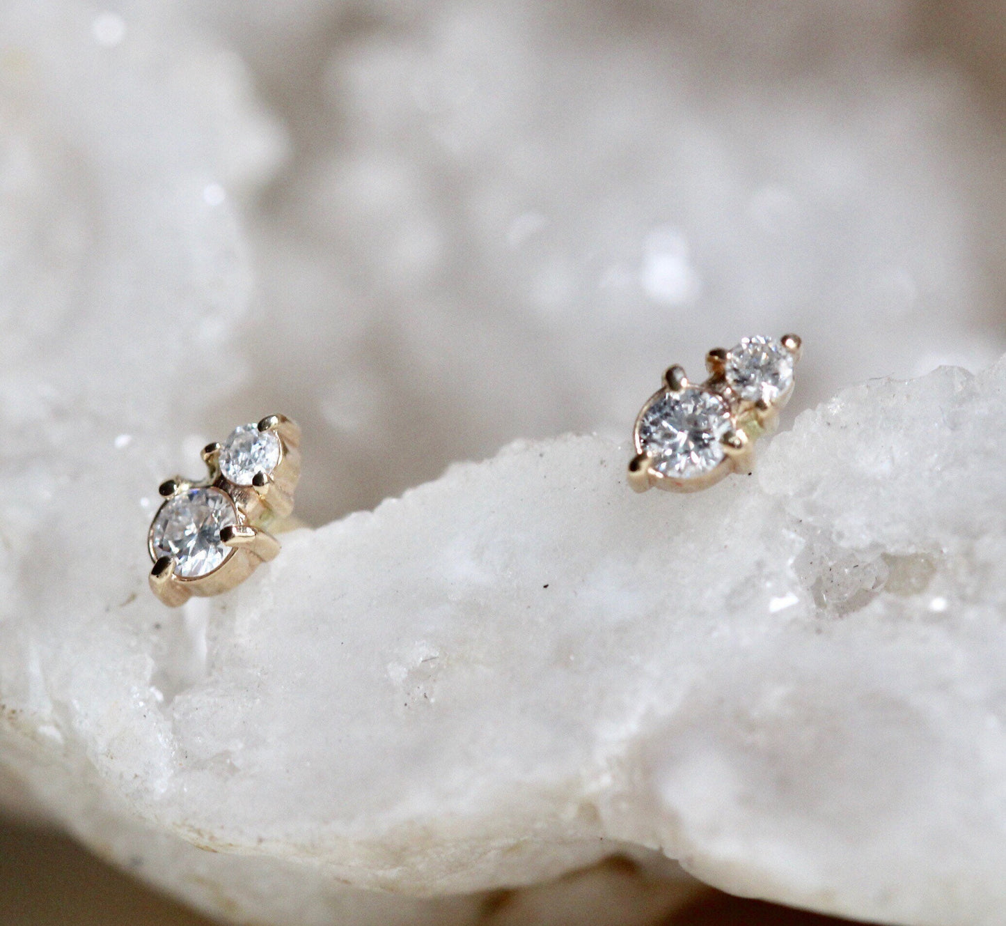 14k Gold Two Diamond Stud, Second Hole Stud, Tiny Post Earring, Mutiple Piercing Stud, Three Prong, Real Gold, Minimal Jewelry, Solid Gold